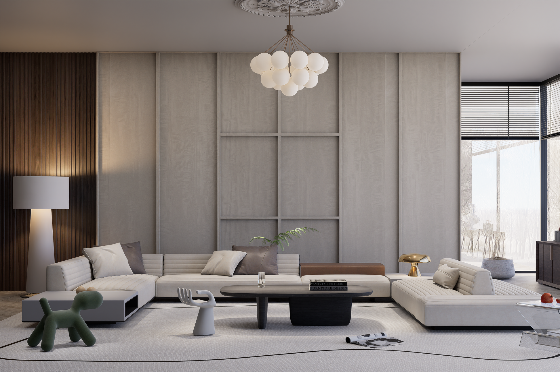 Beige matte laminate wall panels in modern living room with minimalist decor and natural light from large window