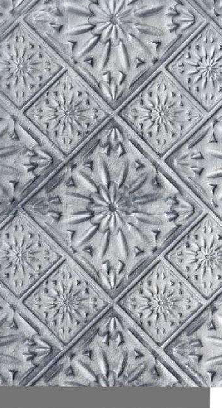 Meridian Velvet Verve Milan 01 in Steel Grey, ornate floral tin-tile relief