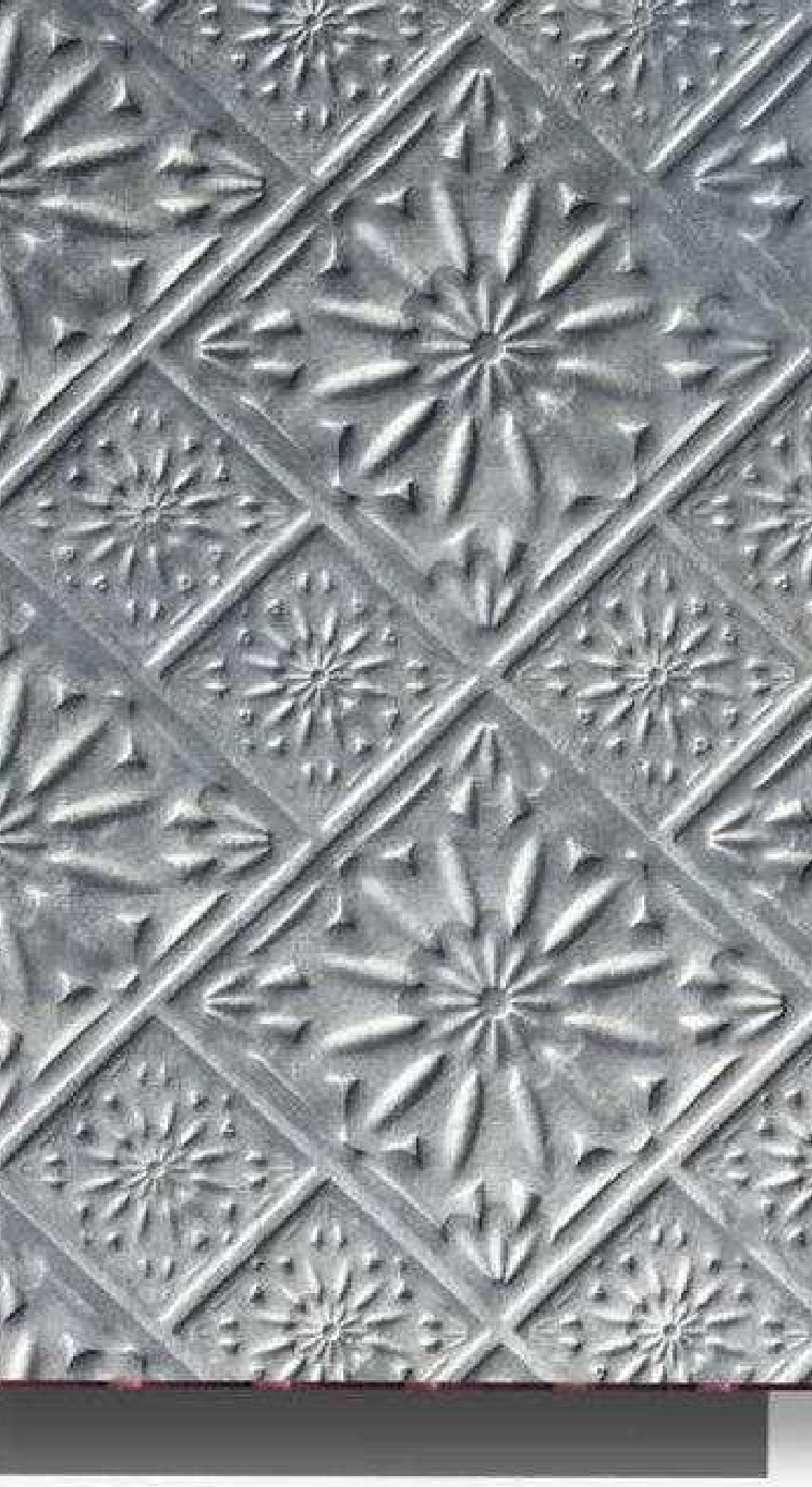 Meridian Velvet Verve Milan 27 in Silver Grey, ornate floral tin-tile relief