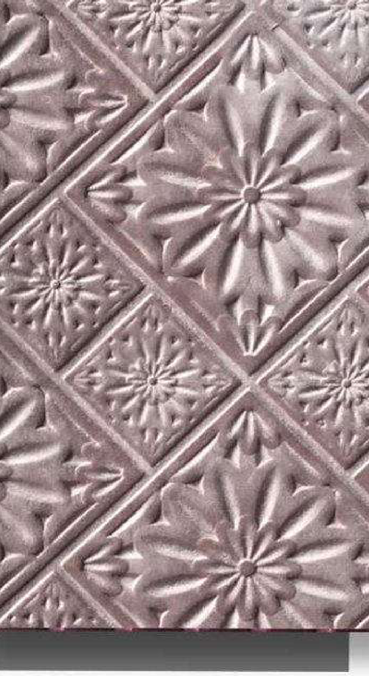 Meridian Velvet Verve Milan 29 in Sand Beige, ornate floral tin-tile relief
