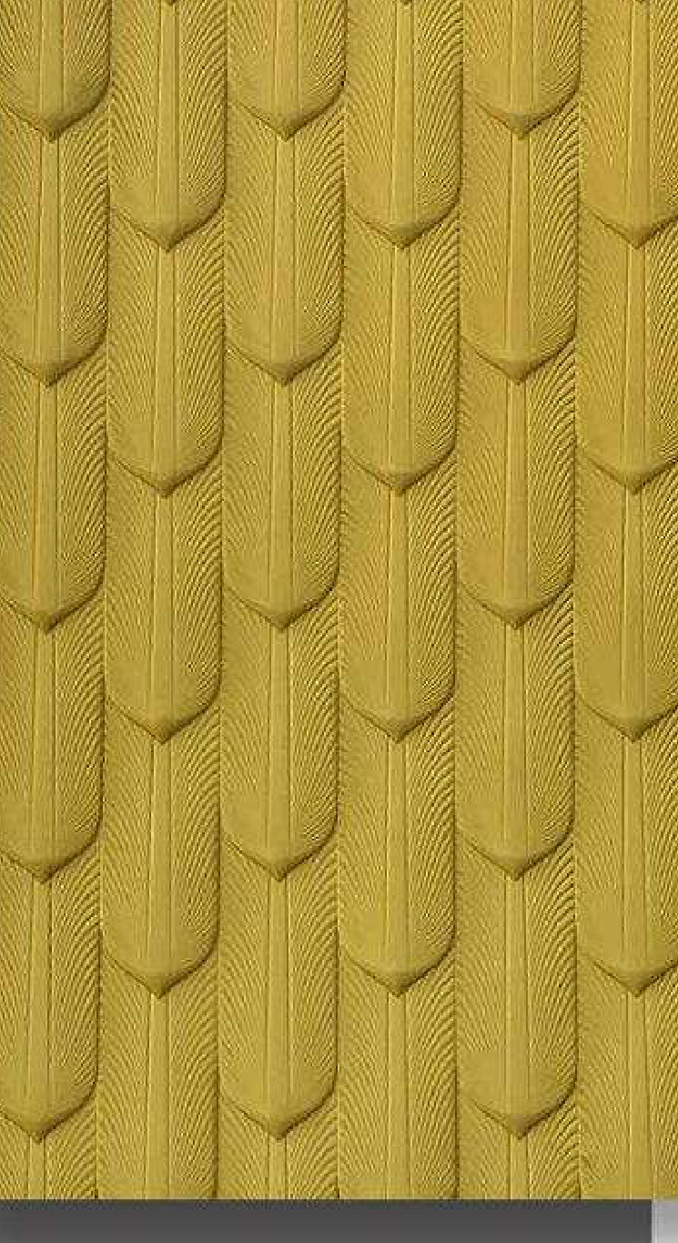Meridian Velvet Verve Venice 11 in Mustard Gold, scalloped fan-scale relief