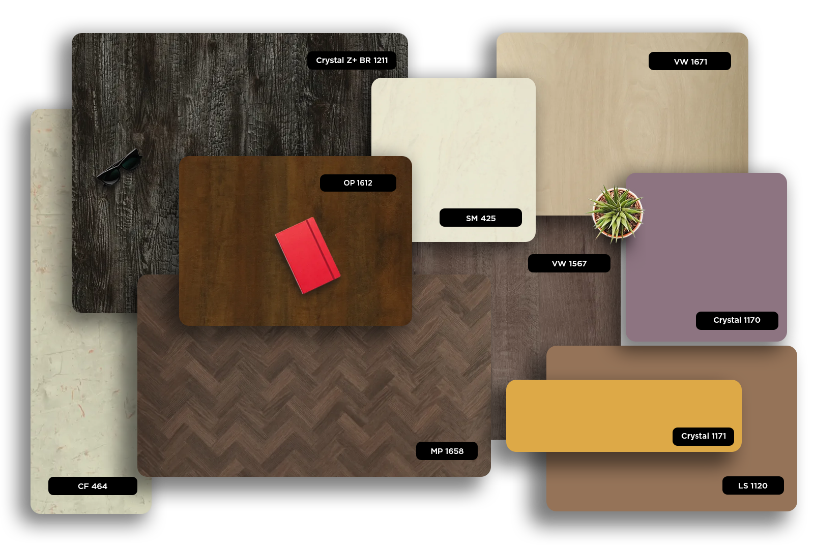 Purple matte laminate sample with code VW 1567 displayed among various other laminate samples and decorative items.
