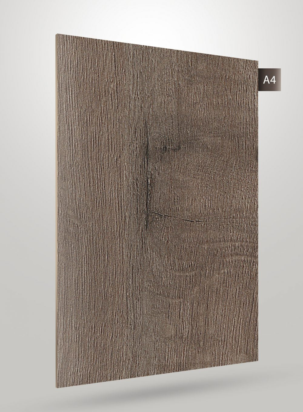 Brown wood grain laminate with textured finish and matte sheen, decorative laminate sample labelled A4.