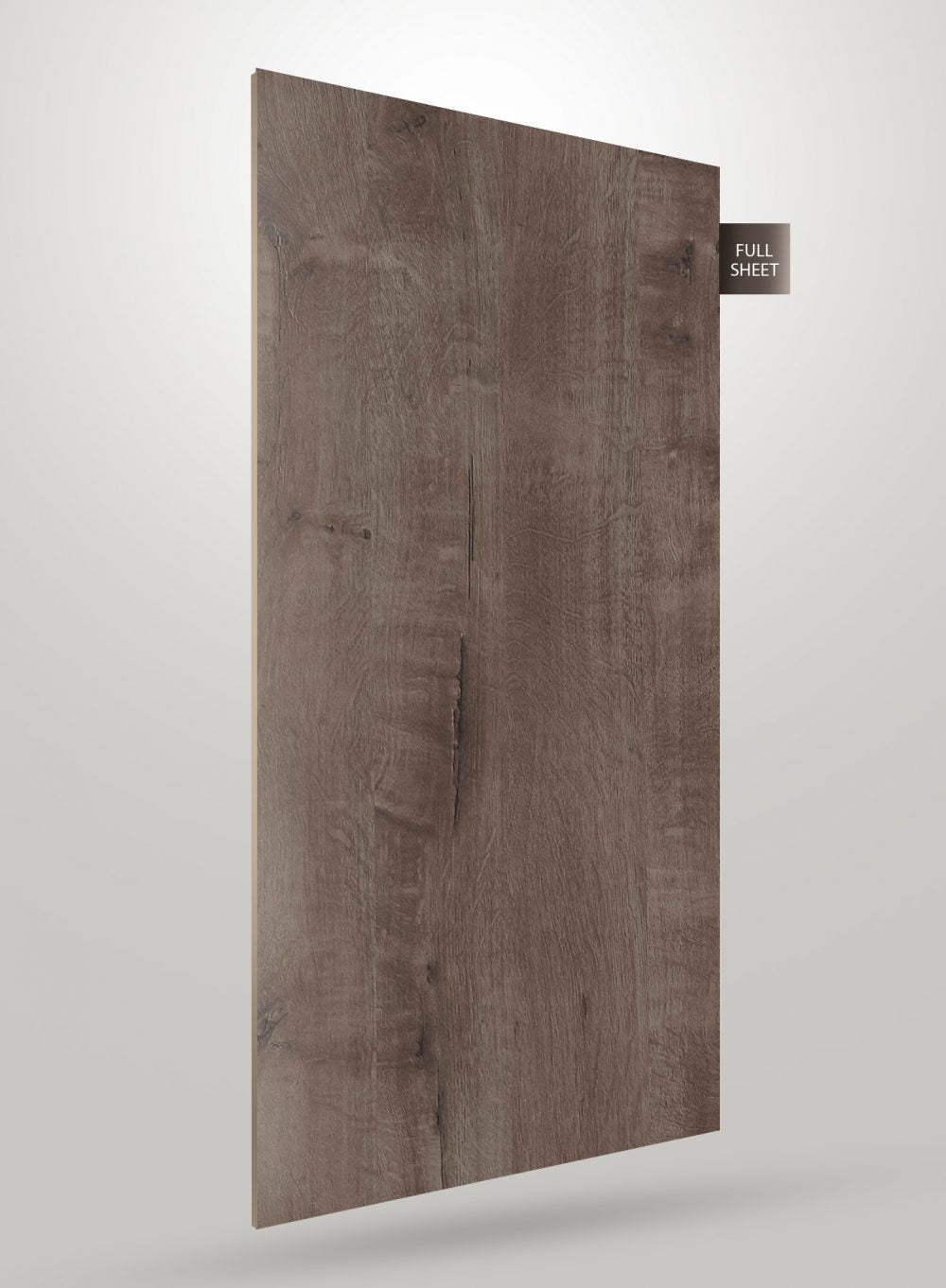 Brown wood grain laminate sheet with matte finish and visible texture, displayed as full sheet with subtle sheen.