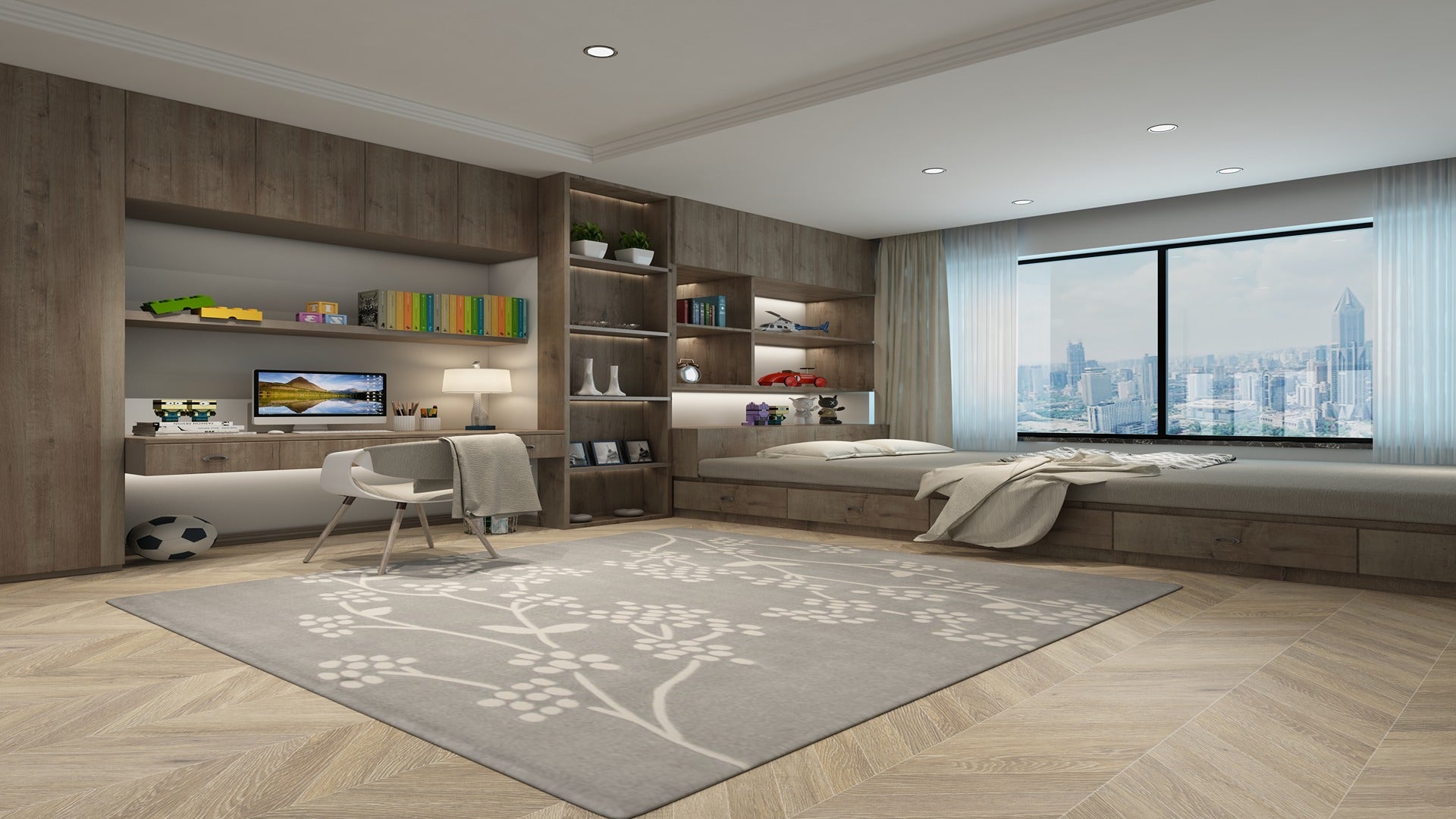 Brown wood laminate used in modern bedroom with built-in shelving and window seat, featuring a city view and decorative rug.