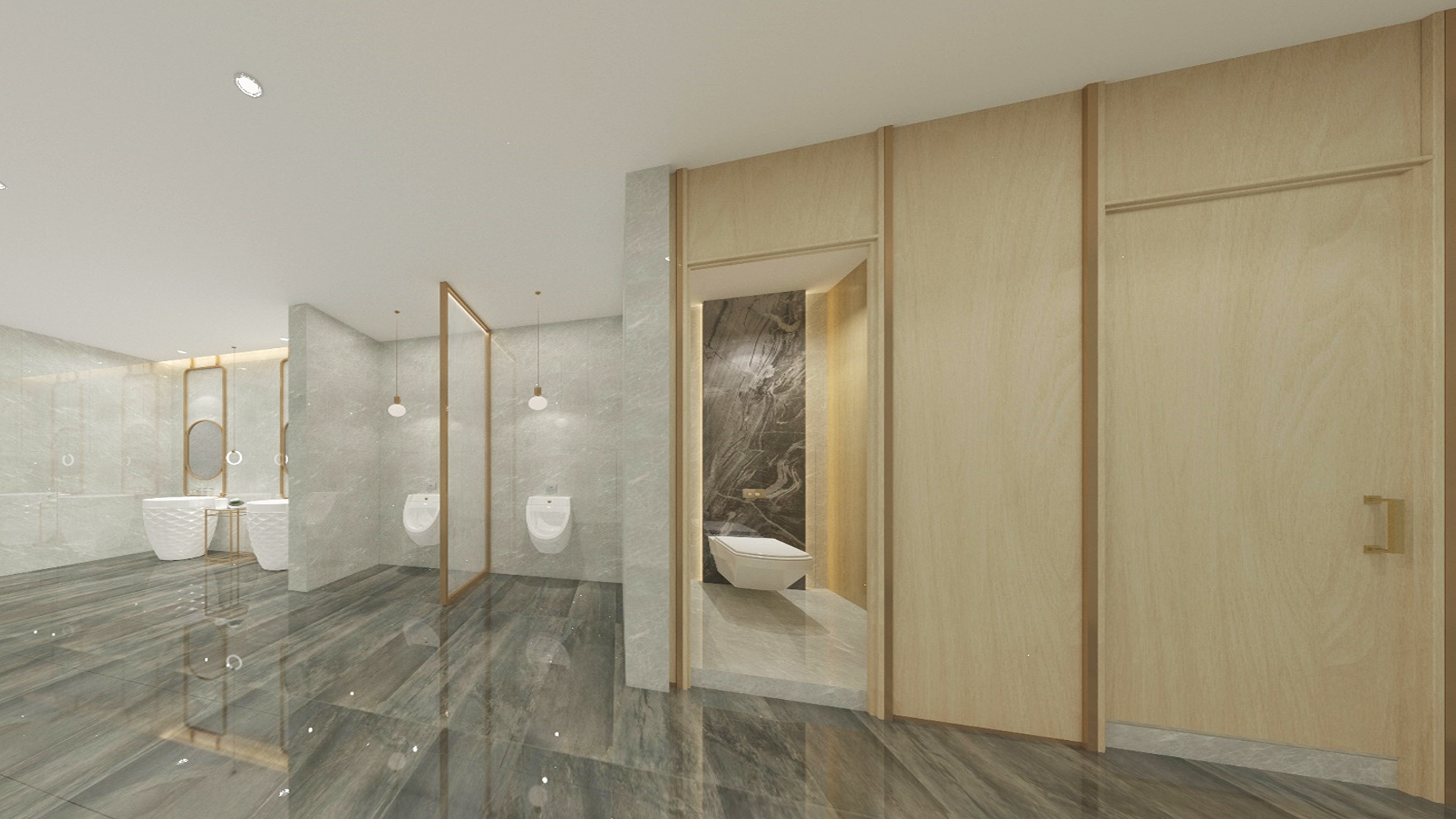 Beige wood laminate wall with matte finish in modern bathroom setting, featuring wood grain texture and subtle sheen.