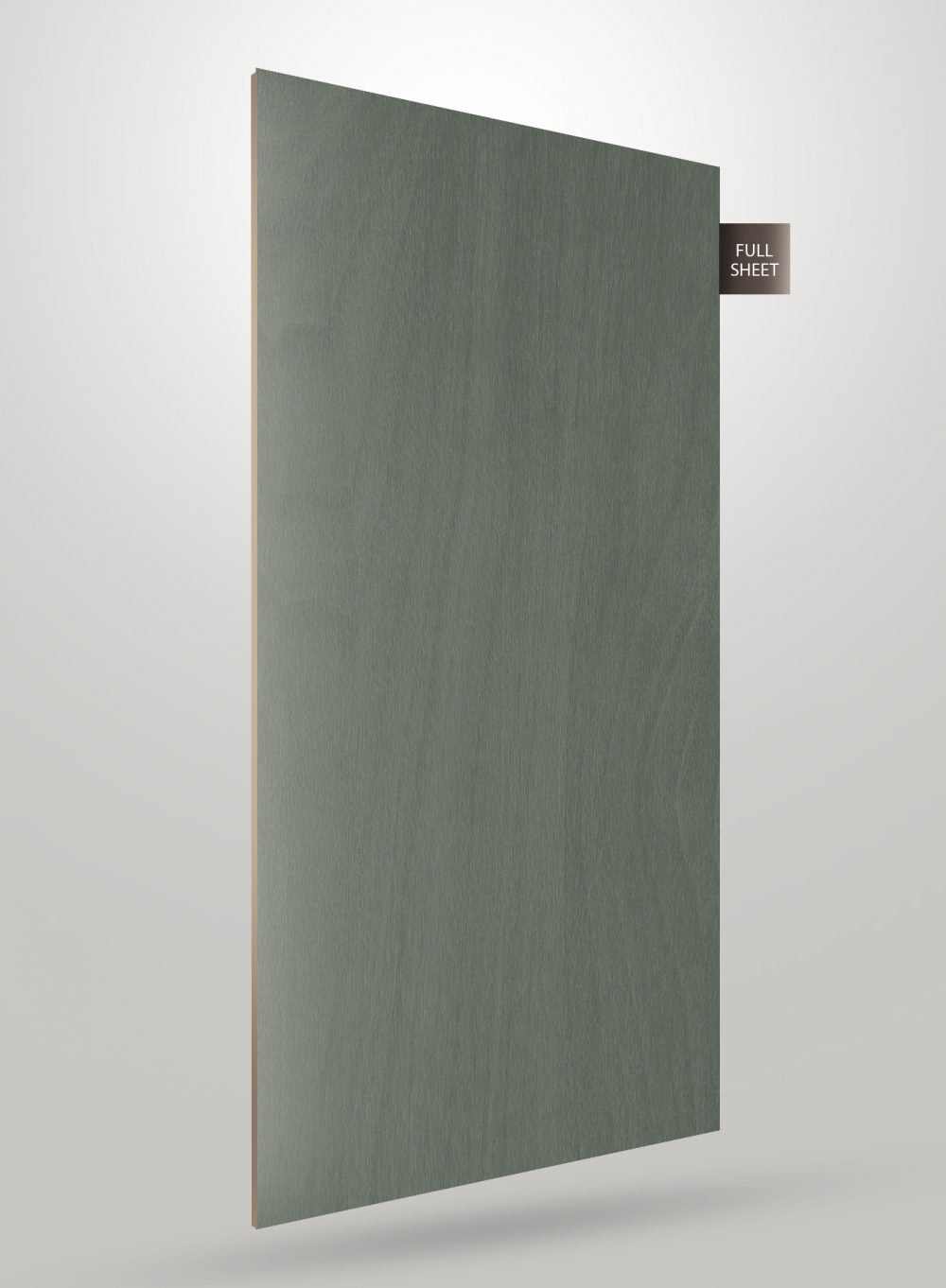 Green wood grain decorative laminate with matte finish and visible texture, shown as a full sheet with thin edge visible.