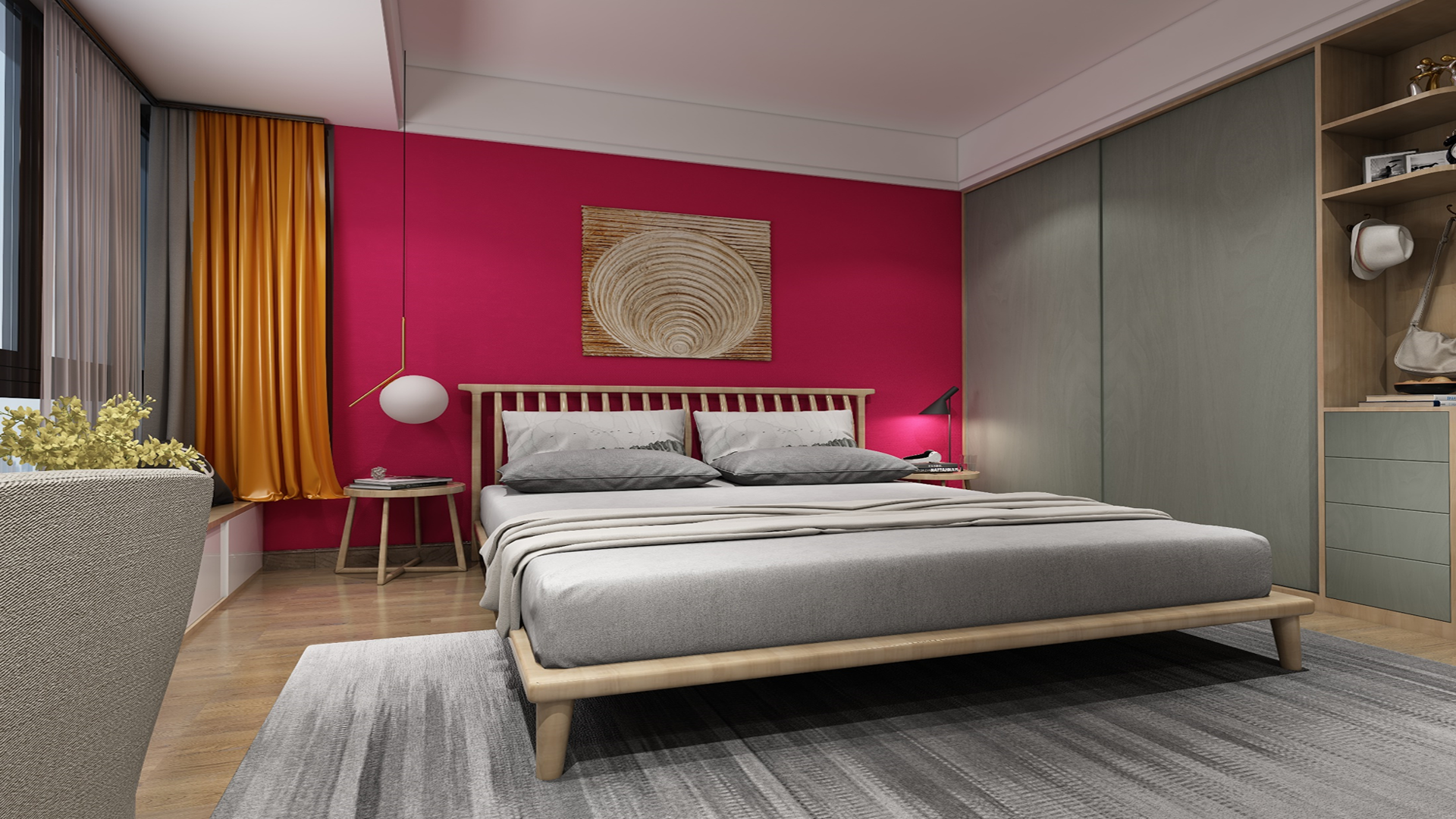 Green wood laminate used on bedroom furniture and wall with matte finish and wood grain texture visible in the design