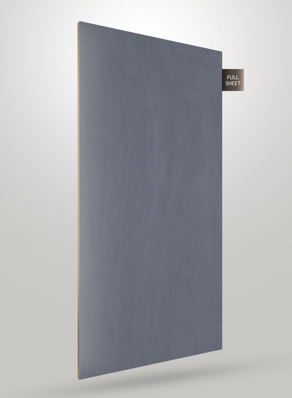 Grey wood laminate sheet with matte finish and subtle wood grain texture, shown as full sheet with visible edge