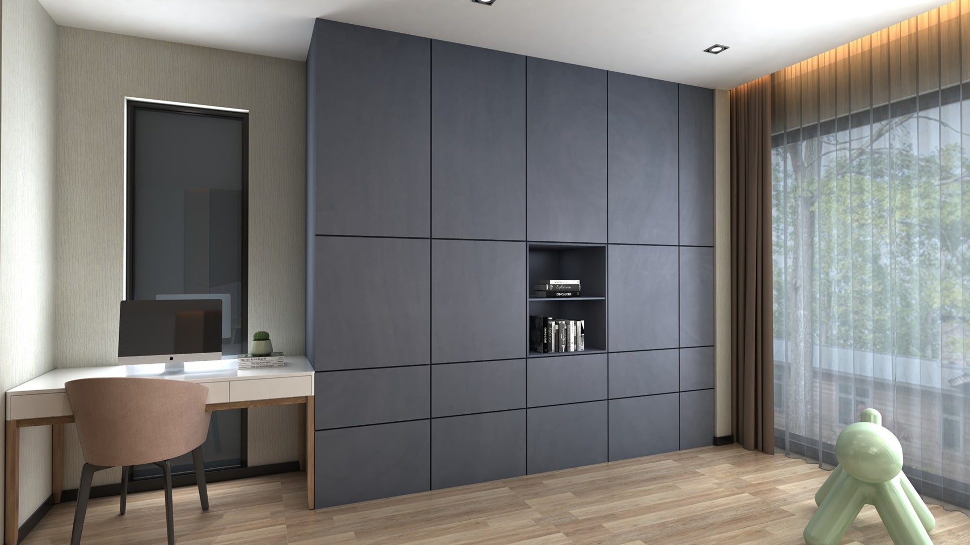 Grey matte laminate wall panels with subtle texture in modern office setting with wooden floor and sheer curtains