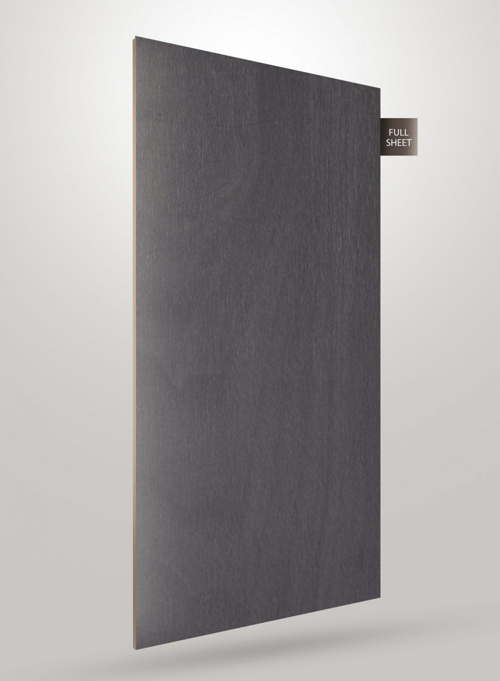 Grey wood grain laminate sheet with matte finish and visible texture, labeled full sheet.
