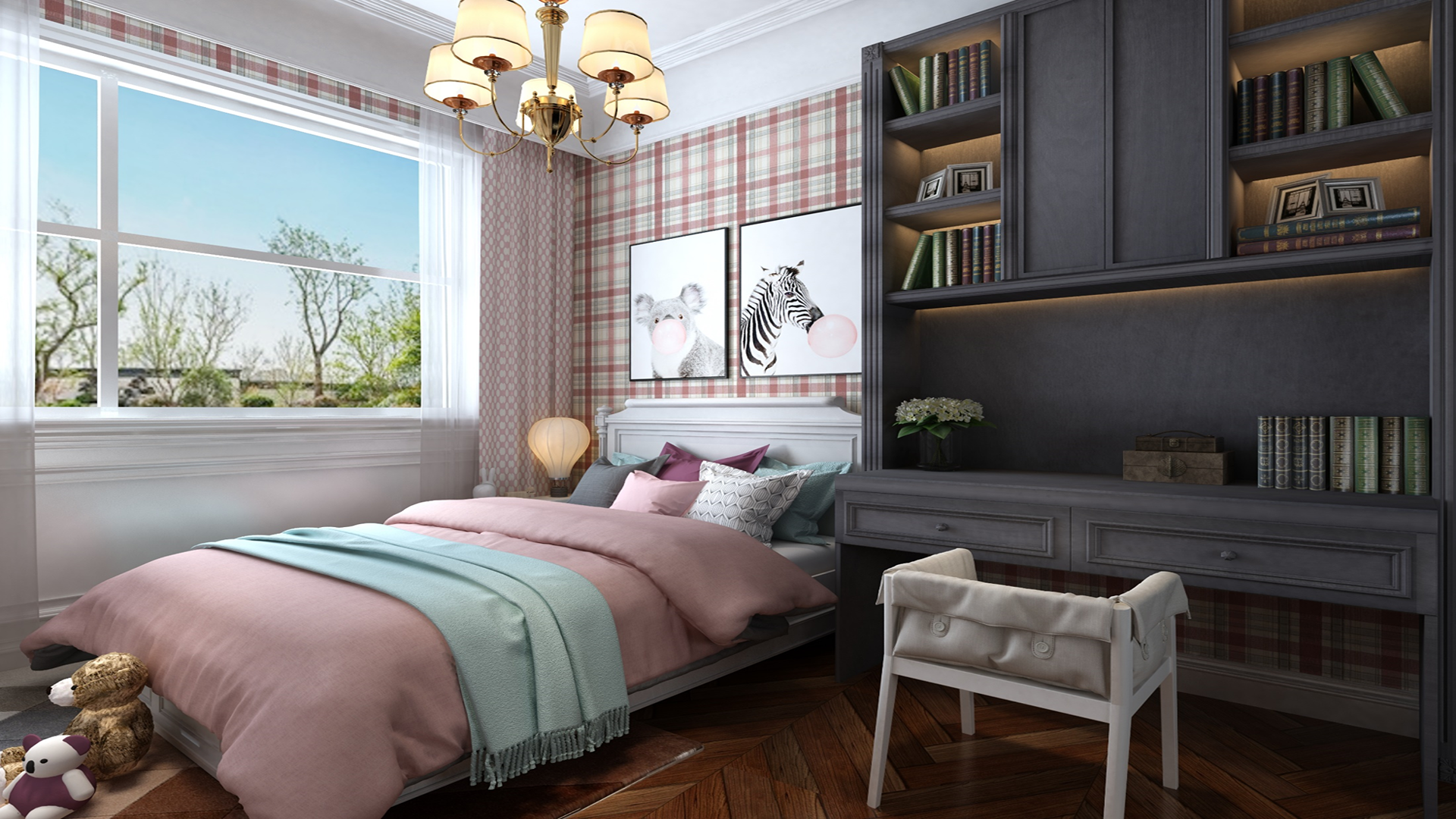 Grey wood laminate with wood grain texture used on built-in shelving unit in a bedroom with pink and white decor