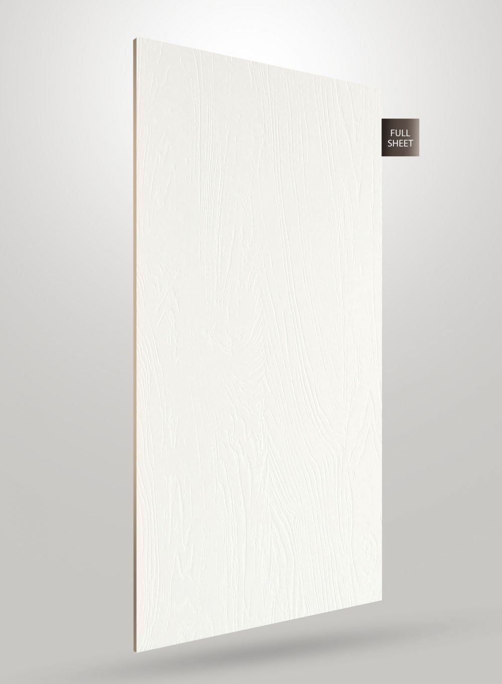 White wood grain decorative laminate sheet with matte finish and textured surface, shown standing upright with visible edge.
