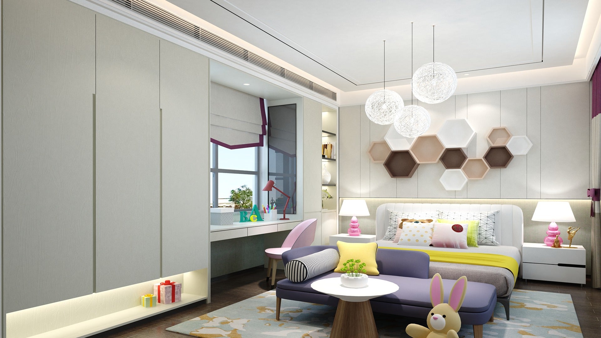 White wood grain laminate wall panels with matte finish in a modern child's bedroom with furniture and decor