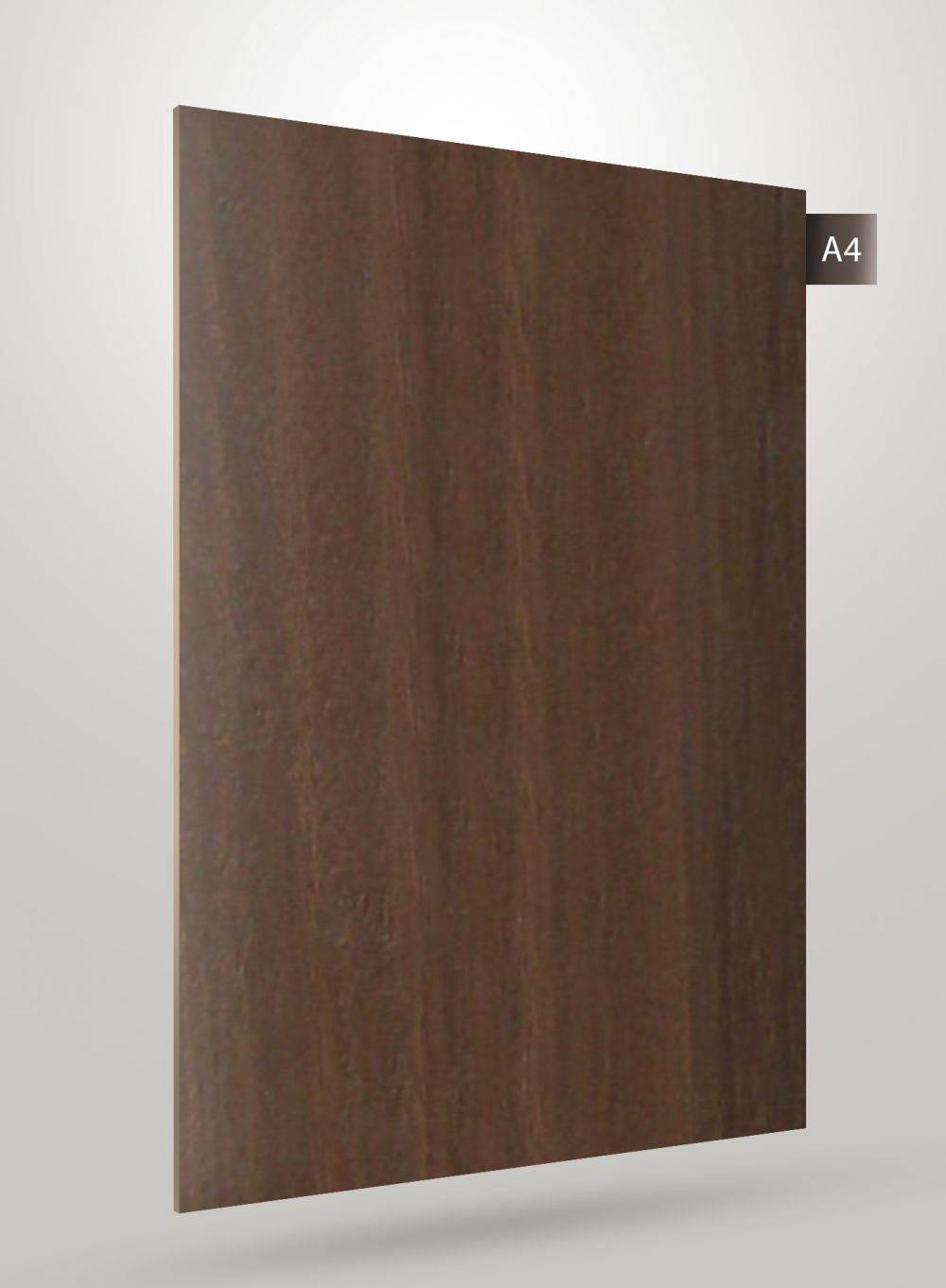 Brown wood grain decorative laminate with matte finish and vertical wood pattern texture.
