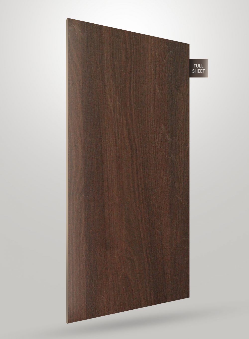 Brown wood grain decorative laminate with matte finish and visible wood texture on a full sheet.
