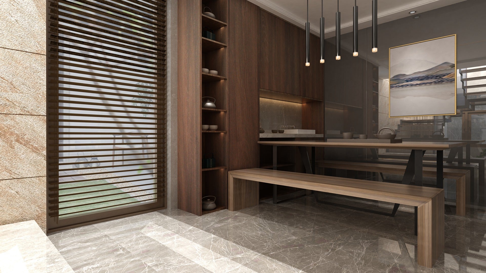 Brown wood laminate used in modern dining room with wooden furniture and marble flooring, showcasing matte finish and wood
