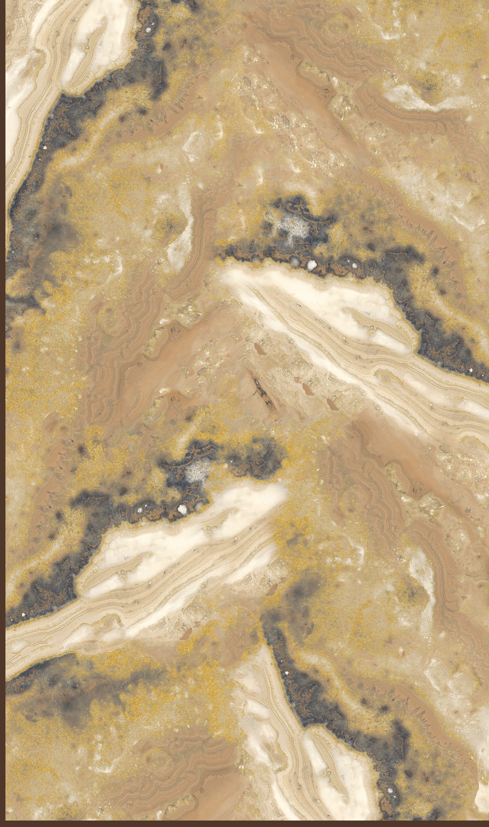 Way To Zero Desert Breccia Marble digital laminate, a beige-tan breccia marble with dark spotted inclusions and gold flecks, in a structured matte finish