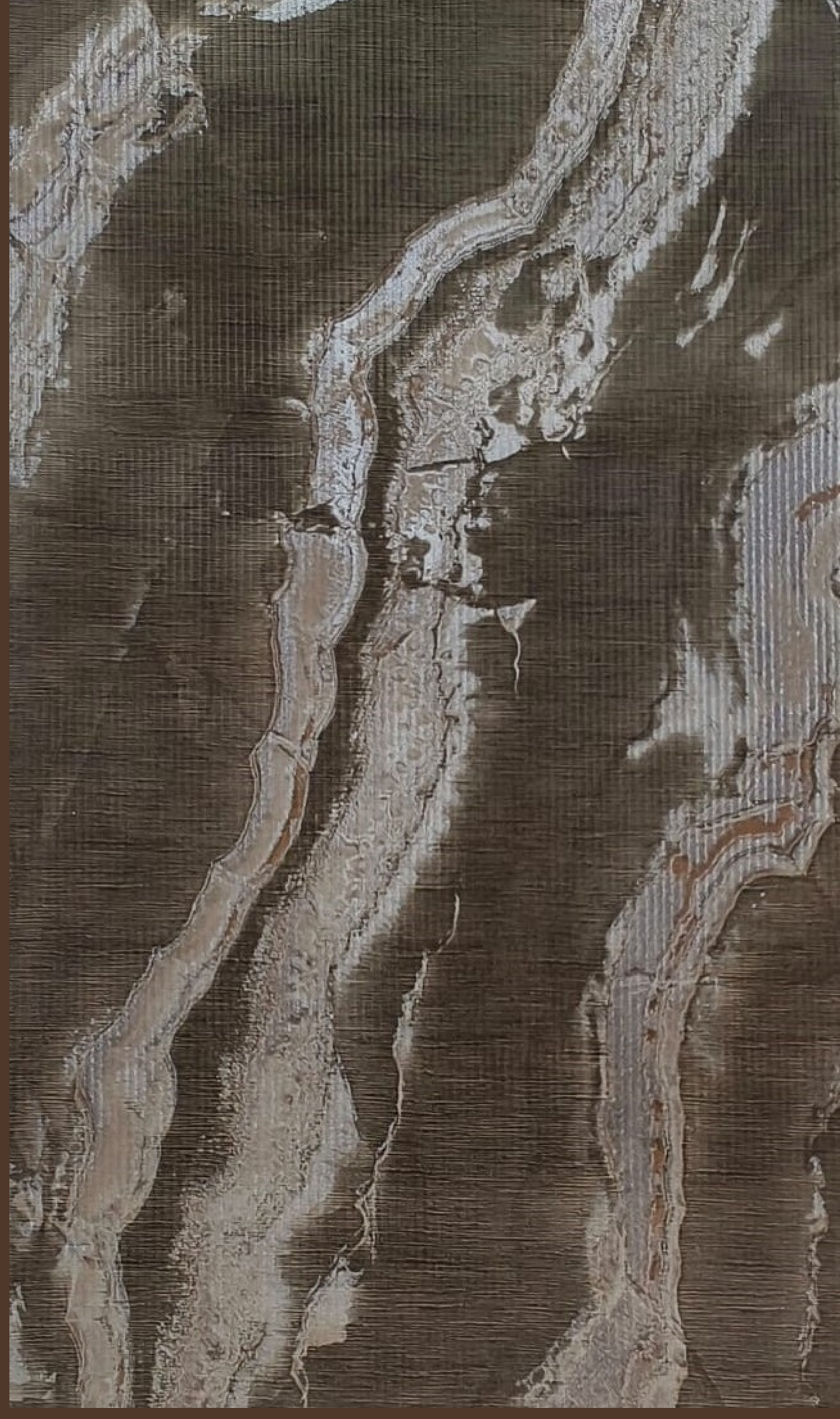 Way To Zero Bronze Drift Marble digital laminate, a dark bronze-brown marble flow with soft cream and grey veining and a subtle linen-textured matte surface
