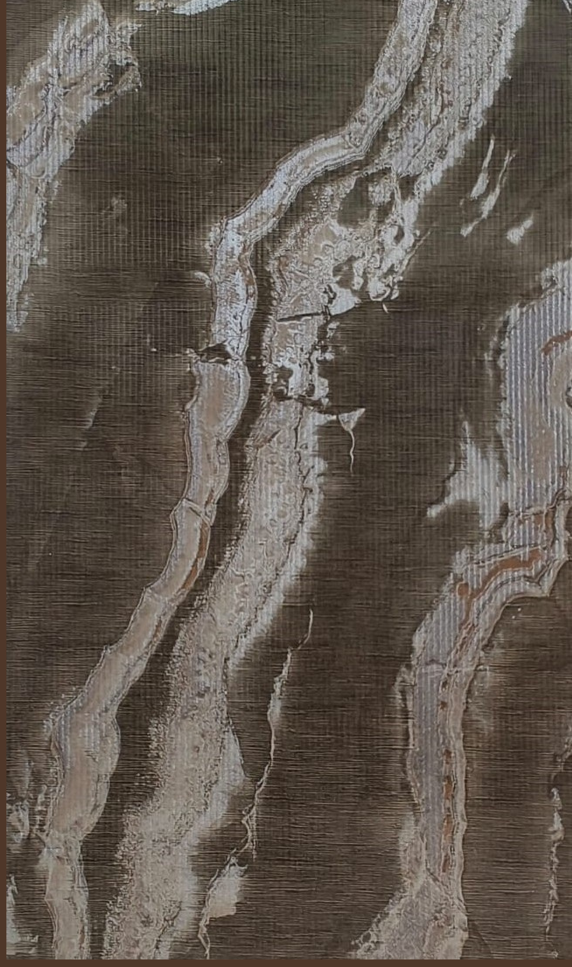 Way To Zero Bronze Drift Marble digital laminate, a dark bronze-brown marble flow with soft cream and grey veining and a subtle linen-textured matte surface