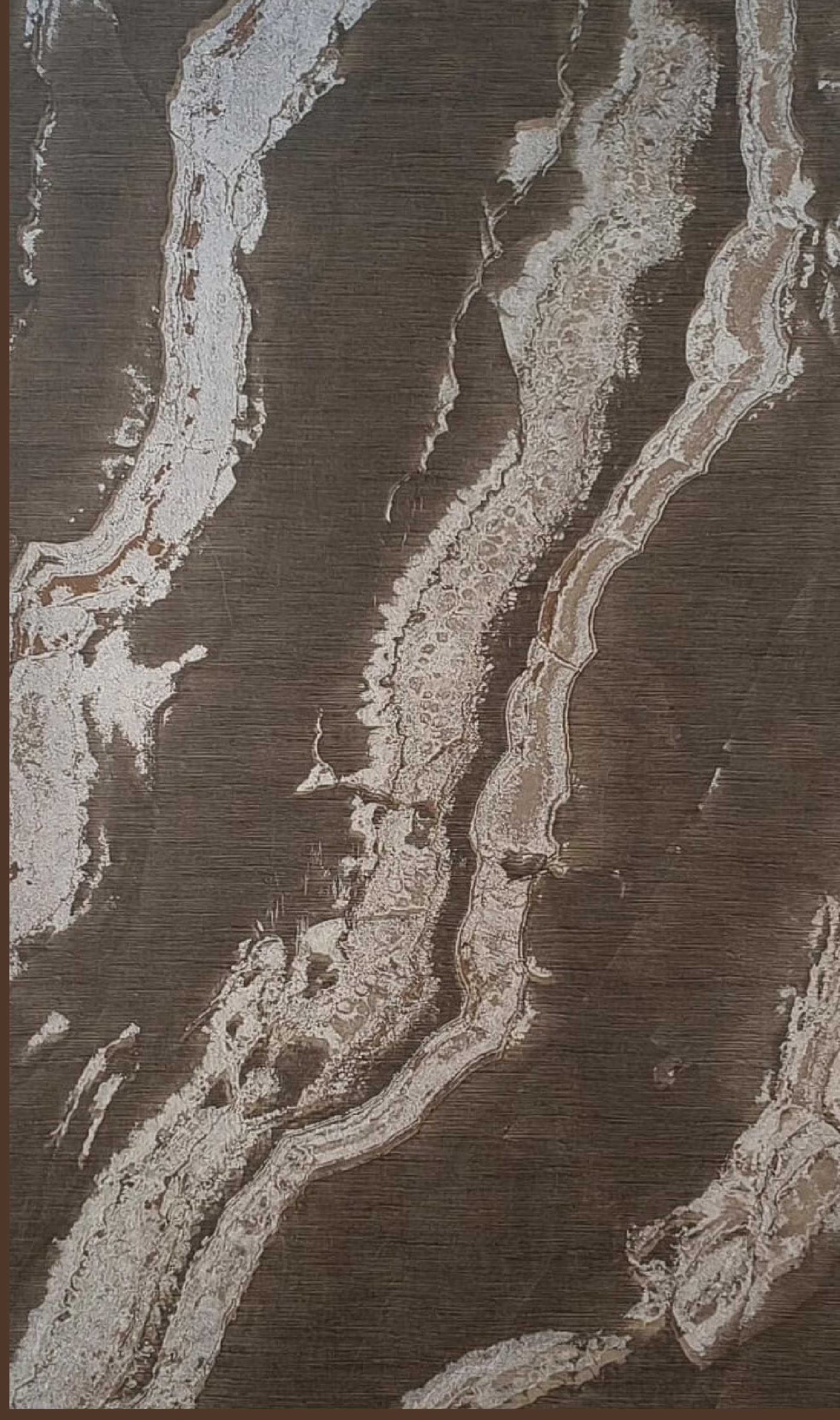 Way To Zero Bronze Drift Marble digital laminate, a dark bronze-brown marble flow with cream veining and a wood-grain-like structured matte surface