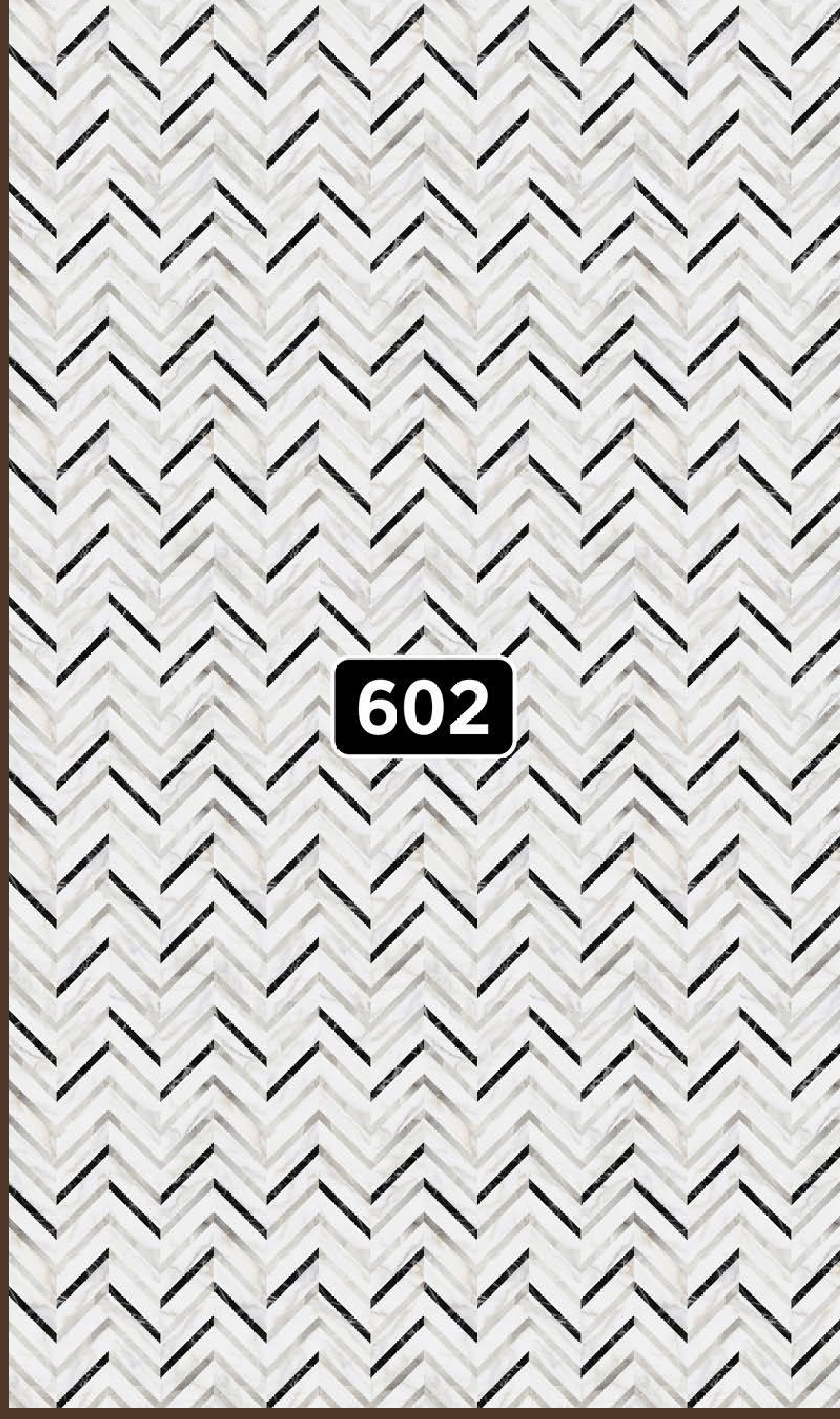 Way To Zero Herringbone Frost Mosaic digital laminate, a herringbone chevron mosaic in white-grey marble with black accent strips