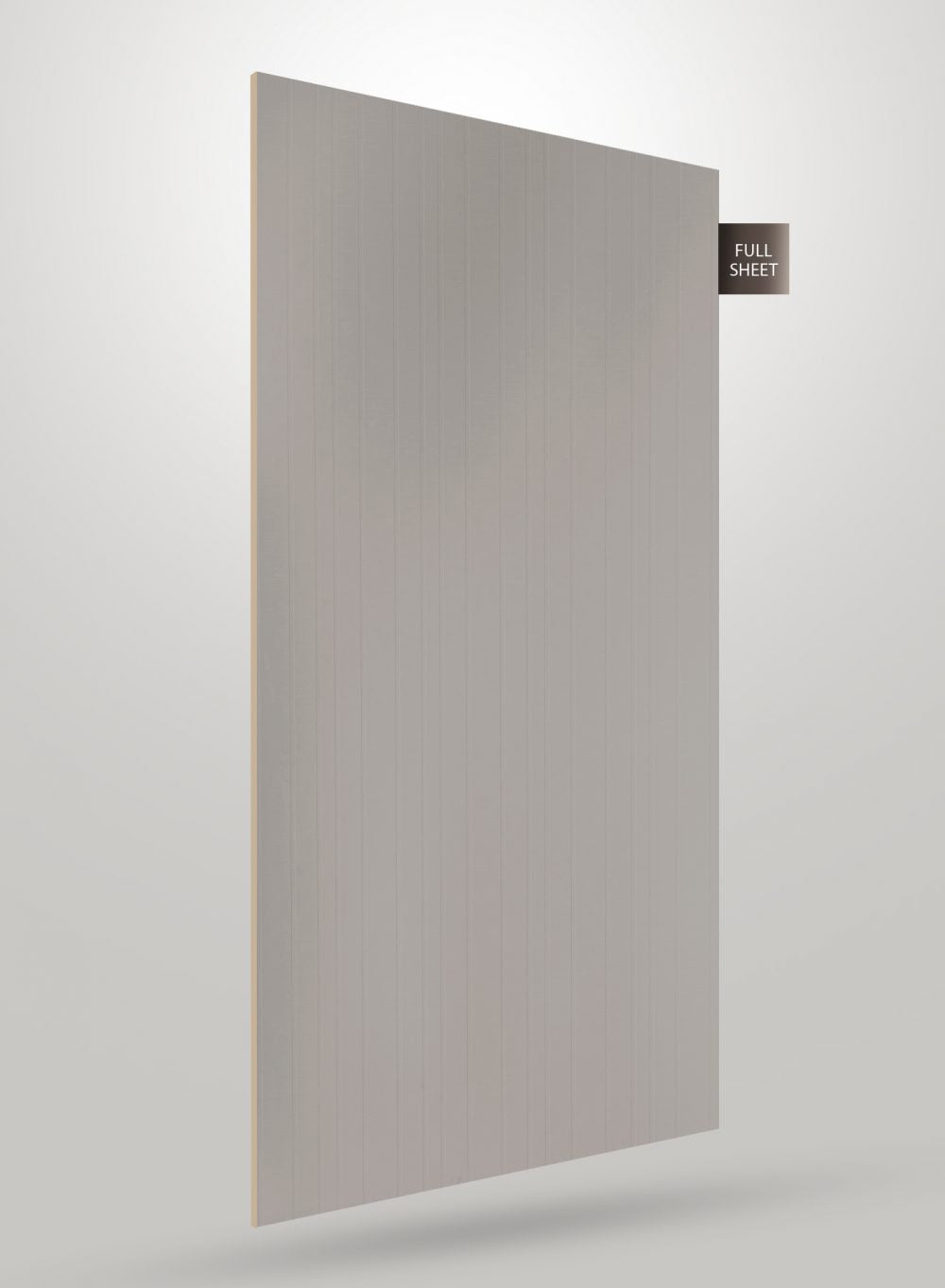 Matte grey fluted laminate sheet with vertical grooves and smooth finish displayed on a plain background with full sheet
