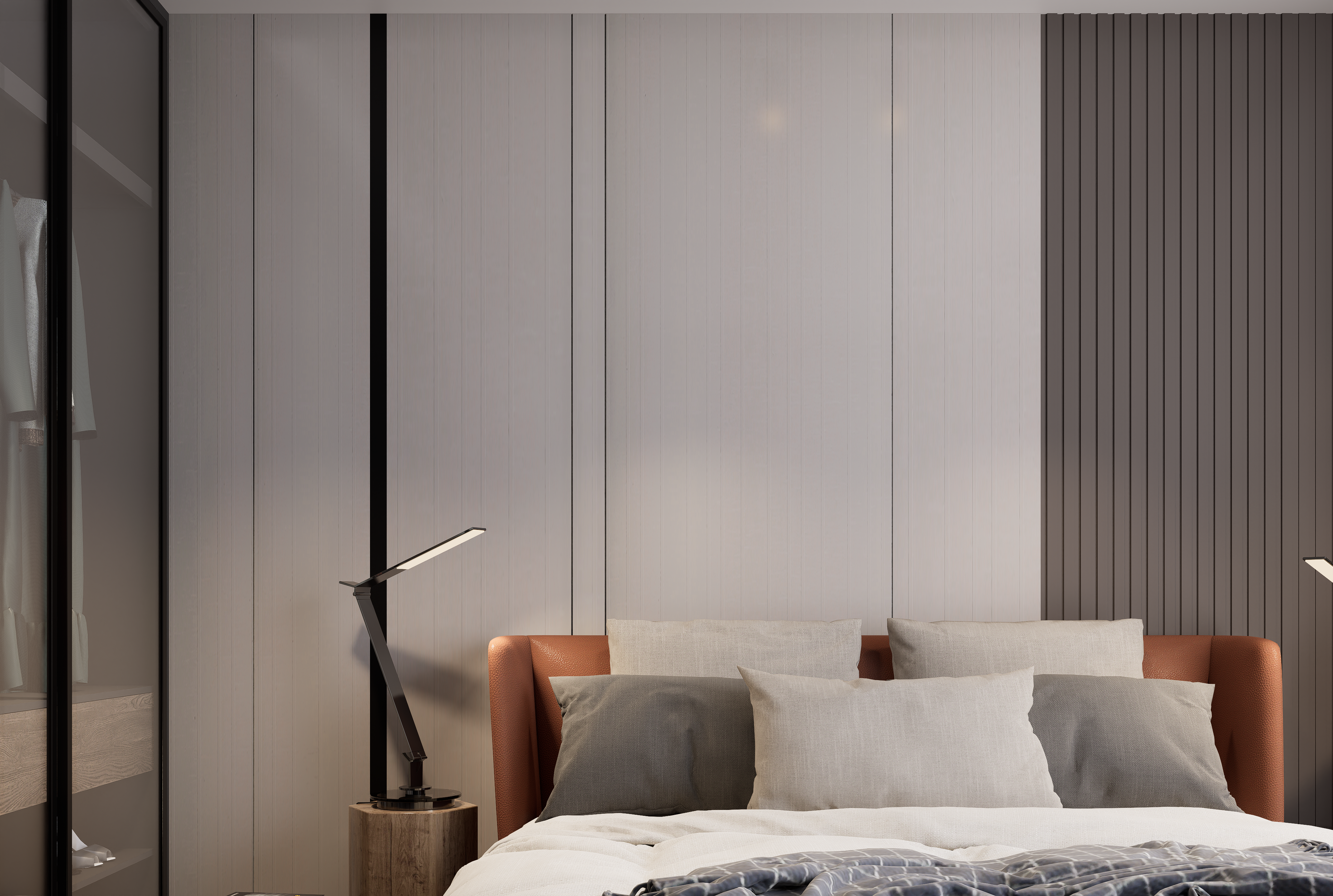 Grey fluted laminate wall with matte finish in a modern bedroom setting with bed and lighting accents visible