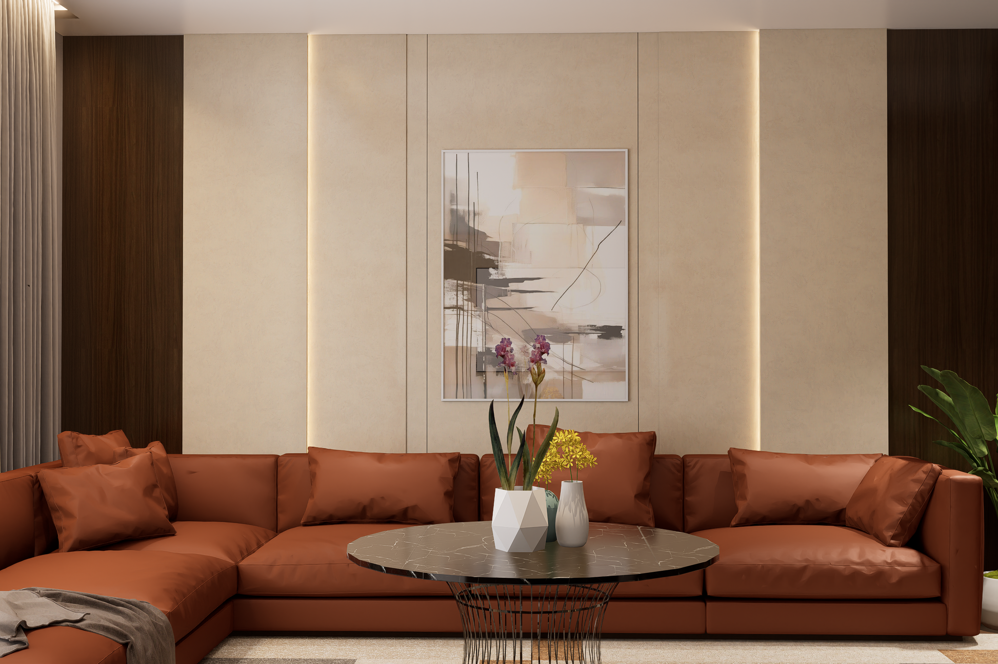 Beige matte marble laminate wall panels with subtle texture in a modern living room setting with orange sofa and decor