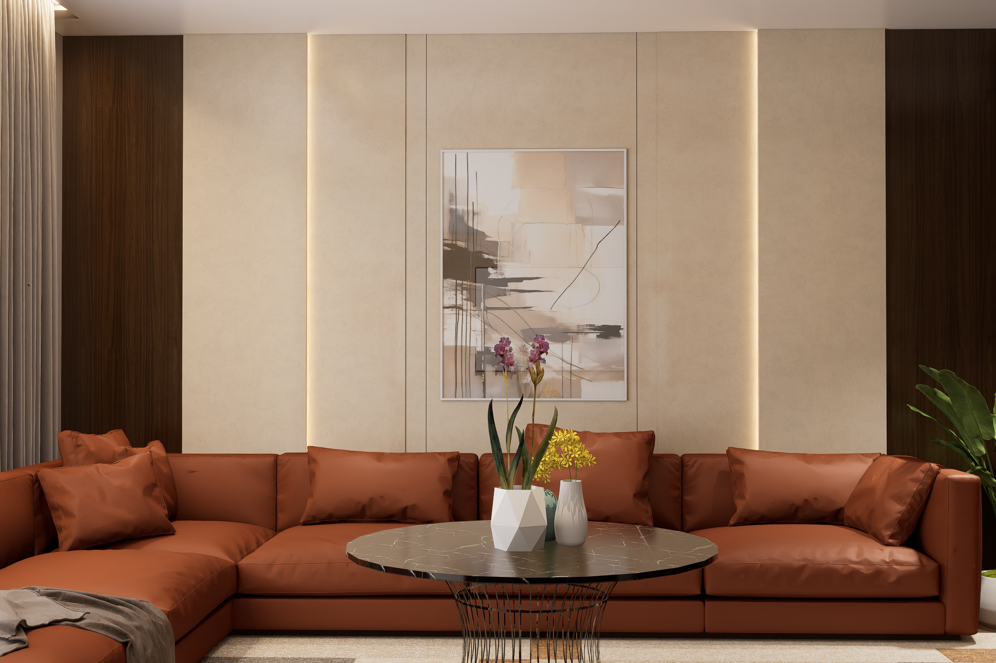 Beige matte marble laminate wall panels with subtle texture in a modern living room setting with orange sofa and decor