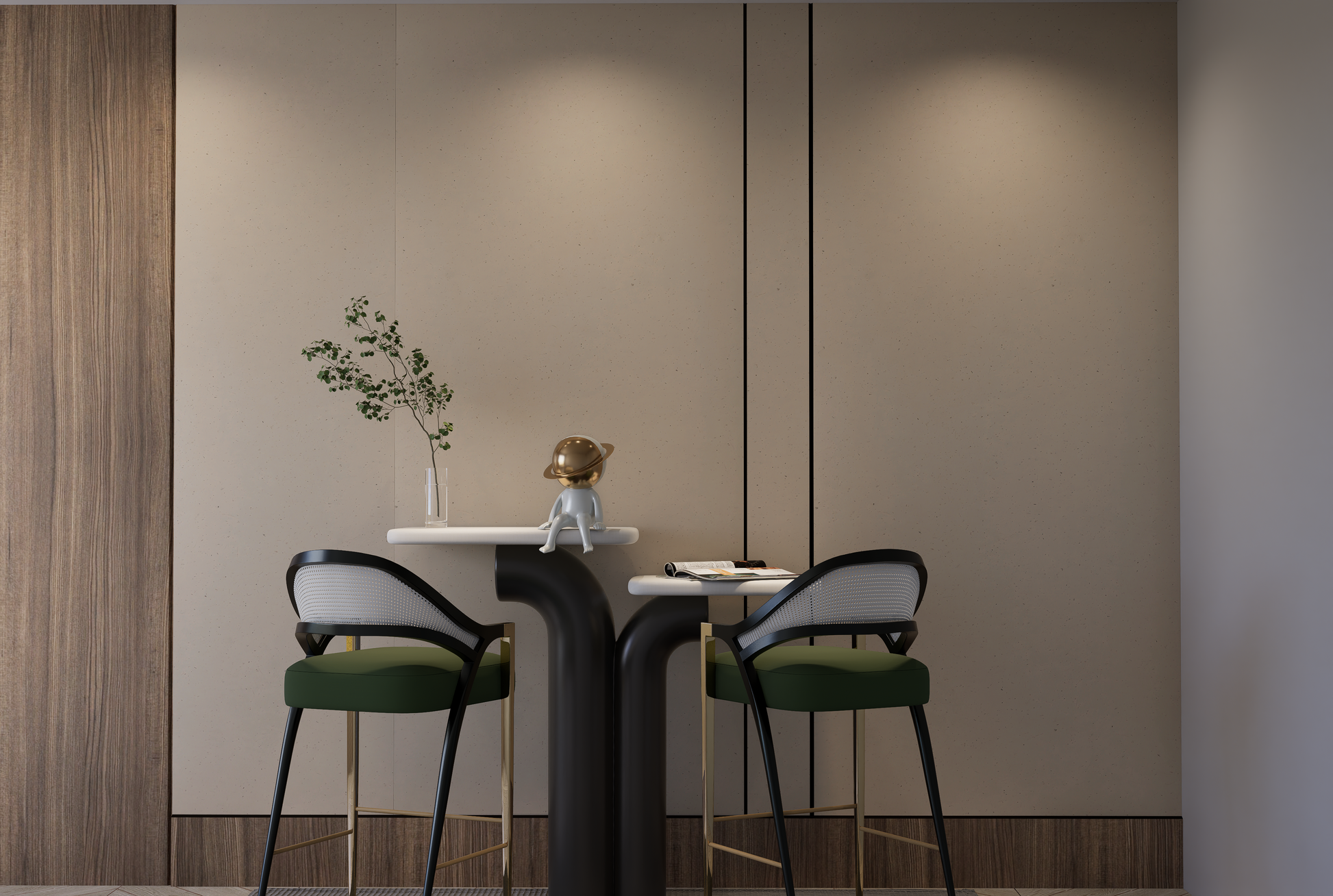 Ivory stone laminate wall panels with matte finish and subtle speckles in a modern room setting with minimalist decor
