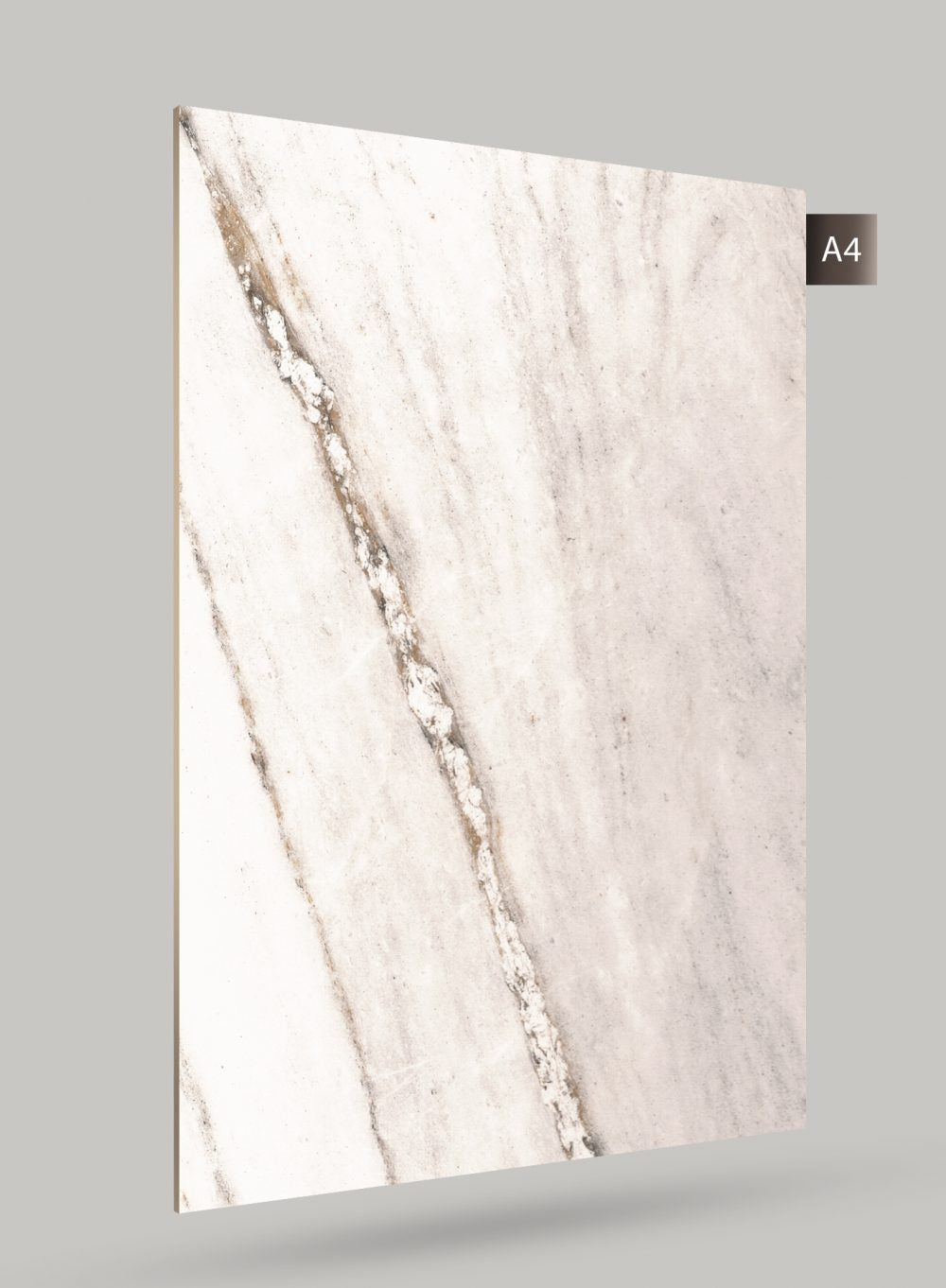 White marble laminate with brown veining and matte finish, angled to show texture and pattern details on a grey background.