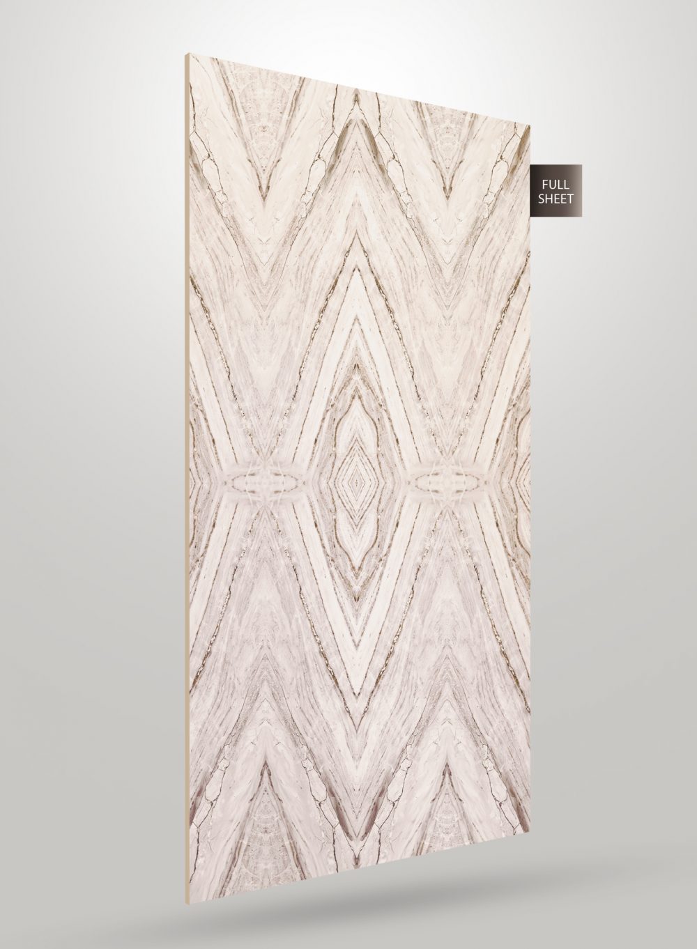 White marble laminate sheet with geometric pattern and brown veining, matte finish, displayed on a gray background with full