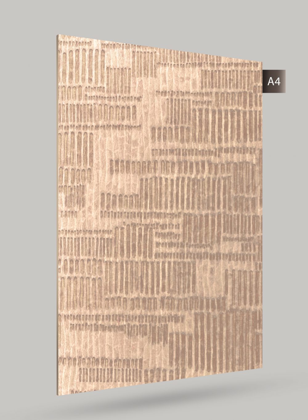 Beige stone laminate with vertical pattern and matte finish, displayed on a grey background with a label indicating A4.