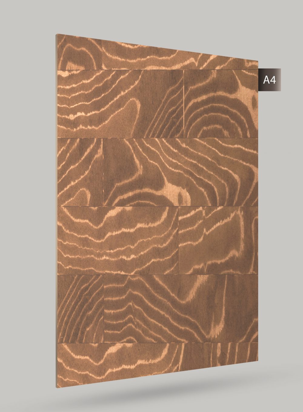 Brown wood grain decorative laminate with matte finish and swirling pattern, showcasing texture and wood-like appearance.