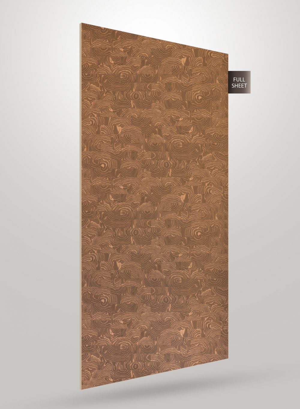Brown decorative laminate sheet with swirling pattern and matte finish, labeled full sheet.