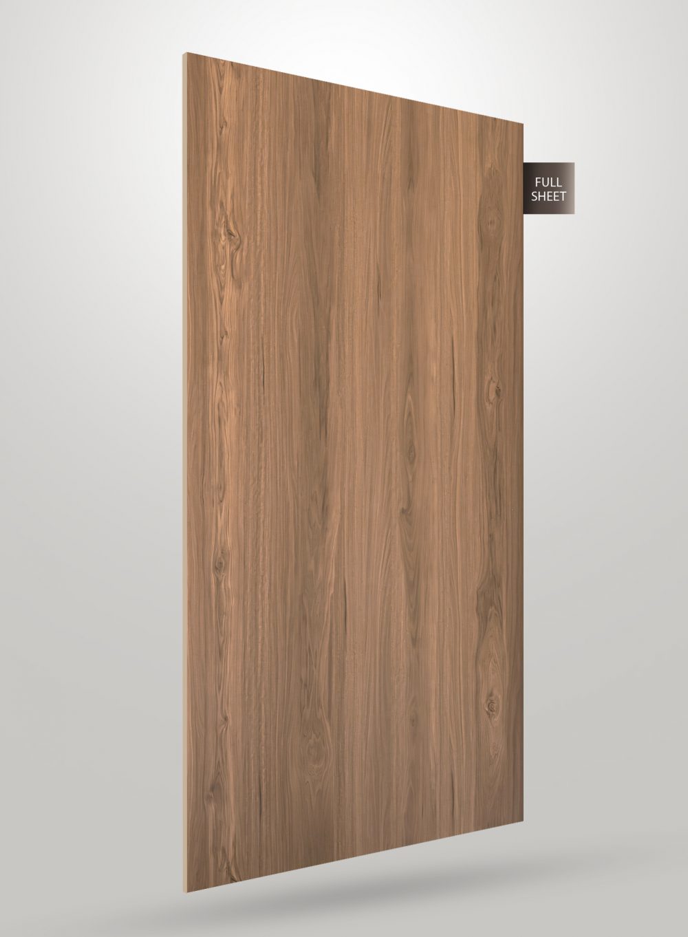 Brown wood grain decorative laminate with matte finish and visible wood texture and knots, shown as full sheet.