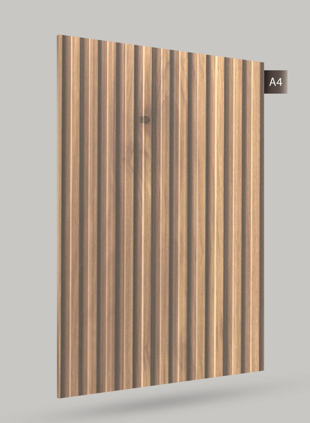 Brown wood laminate with vertical grain and embossed texture, matte finish, decorative laminate sheet.