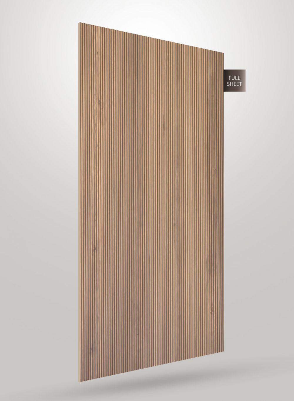 Brown wood laminate sheet with vertical grain pattern and matte finish, labeled full sheet.