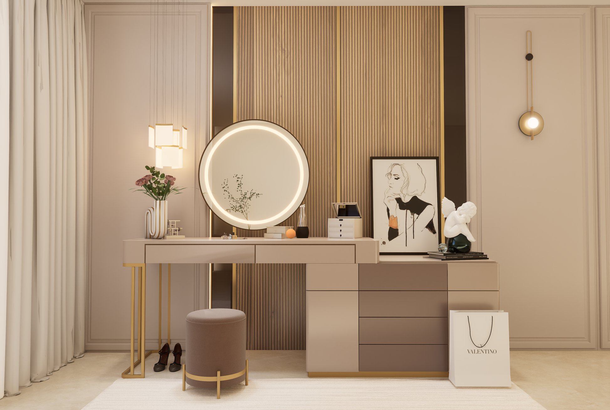 Brown wood laminate wall panel with vertical grain in modern dressing room interior with elegant furniture and decor