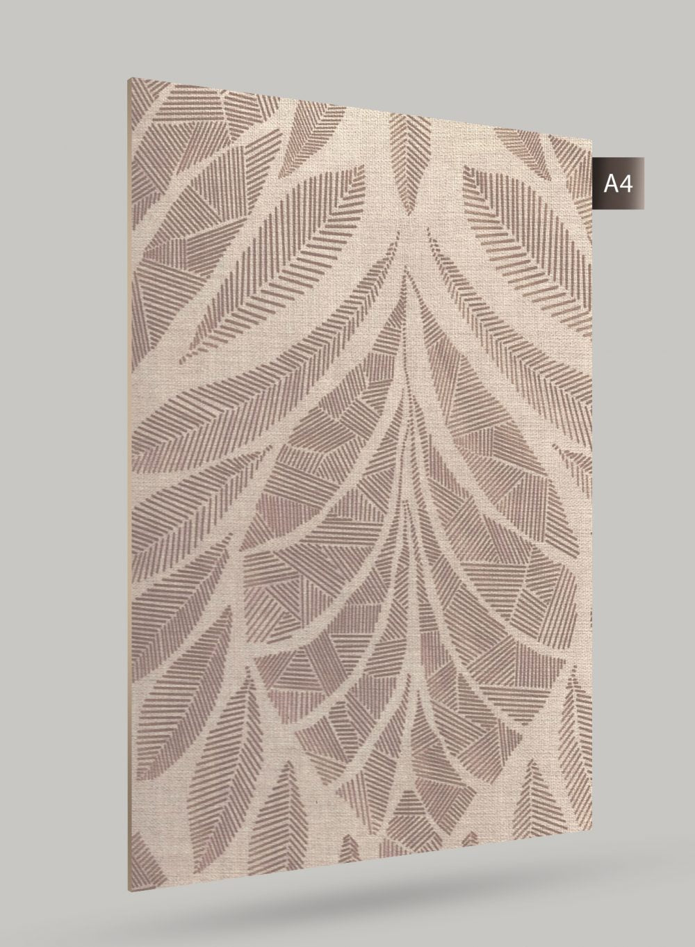 Beige patterned laminate with leaf design and matte finish, showcasing textured surface and subtle sheen.