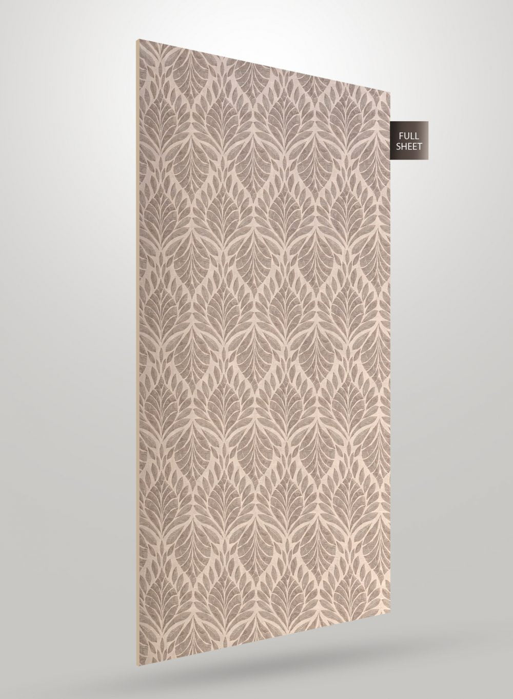 Beige patterned laminate sheet with leaf design and matte finish, displayed at an angle with full sheet label.