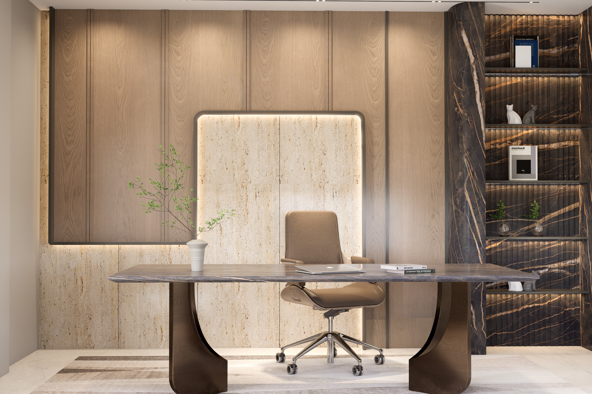 Brown wood grain laminate wall with matte finish in modern office setting with dark marble accent wall and shelves