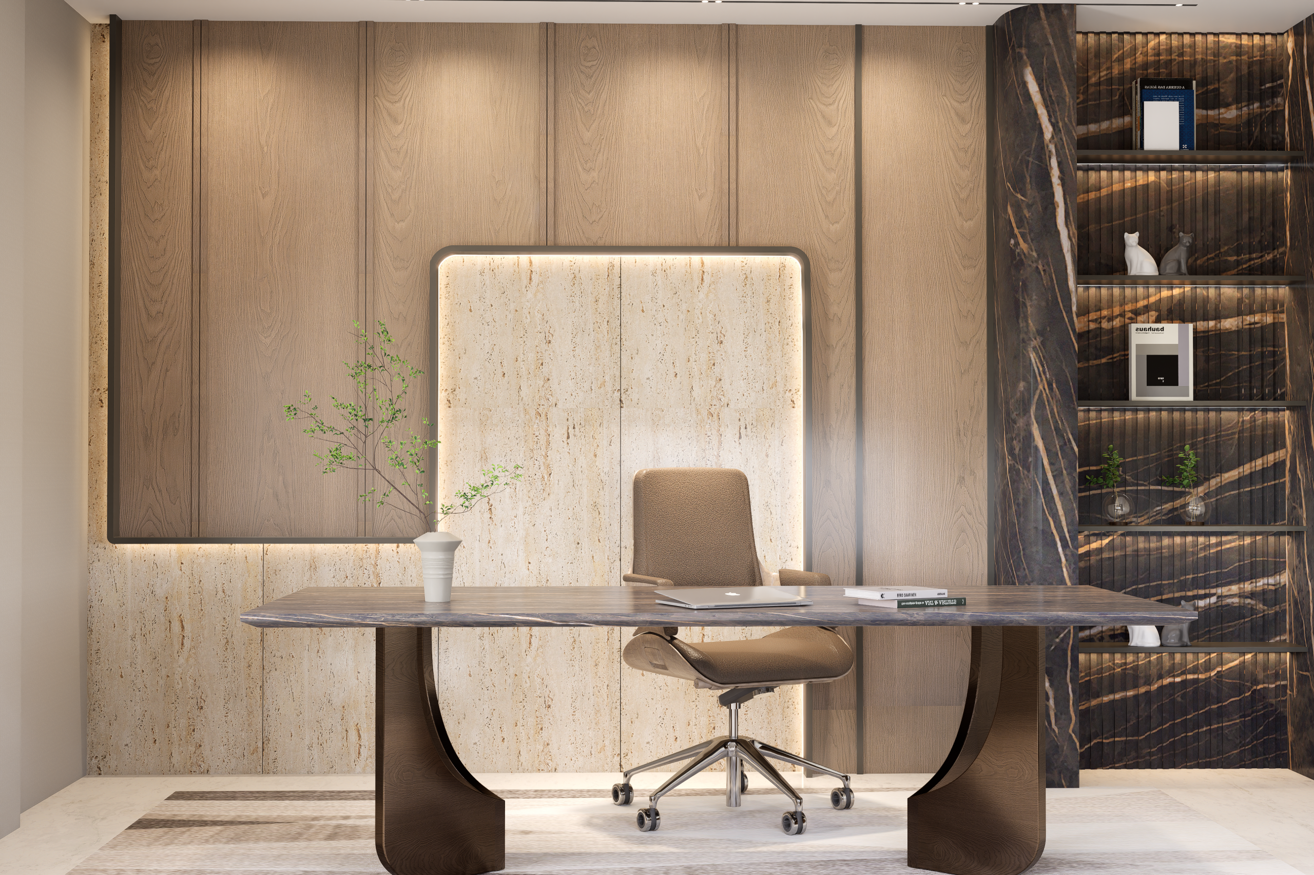 Brown wood grain laminate wall with matte finish in modern office setting with dark marble accent wall and shelves