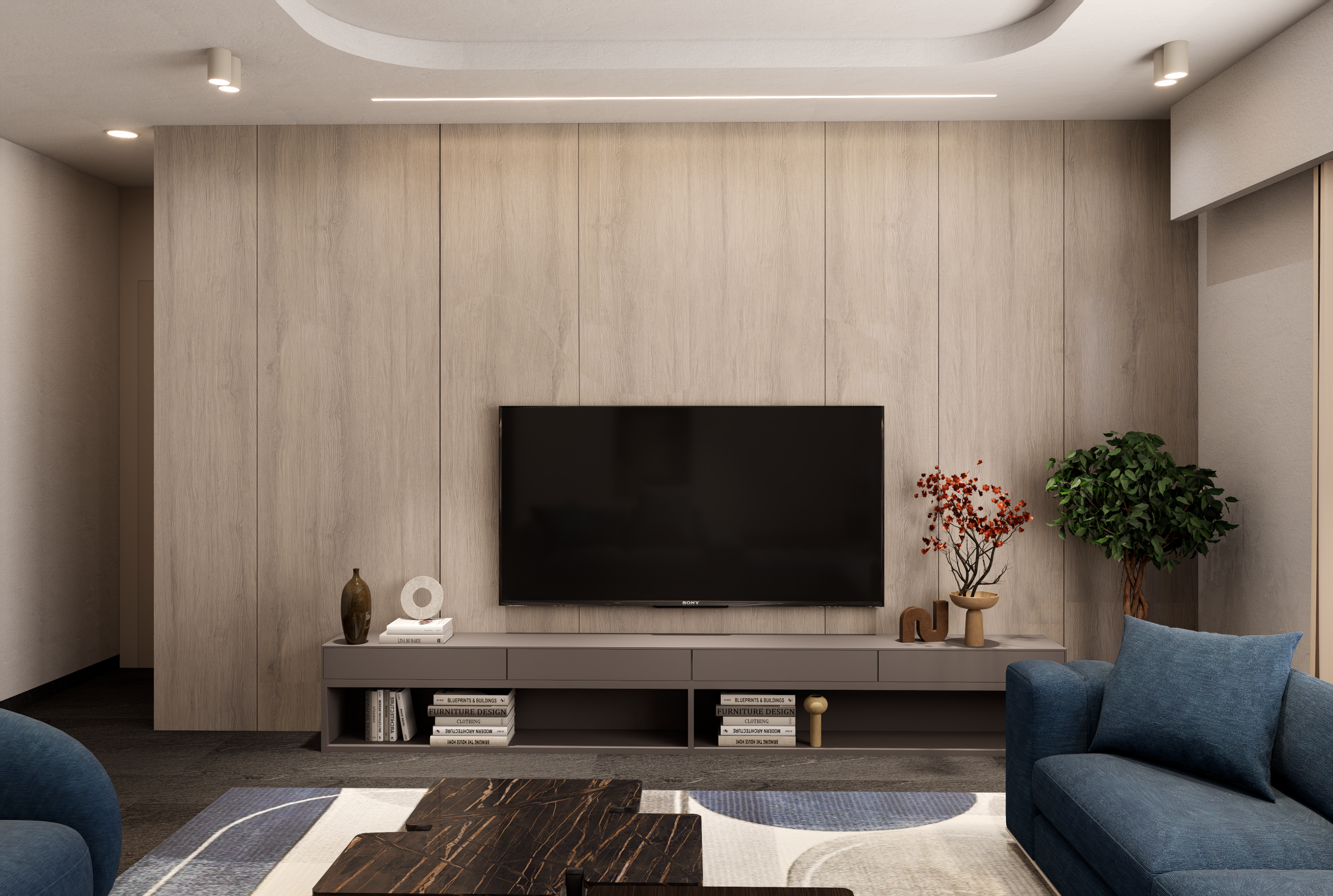 Light wood laminate wall with matte finish and wood grain texture in a modern living room setting with furniture and decor