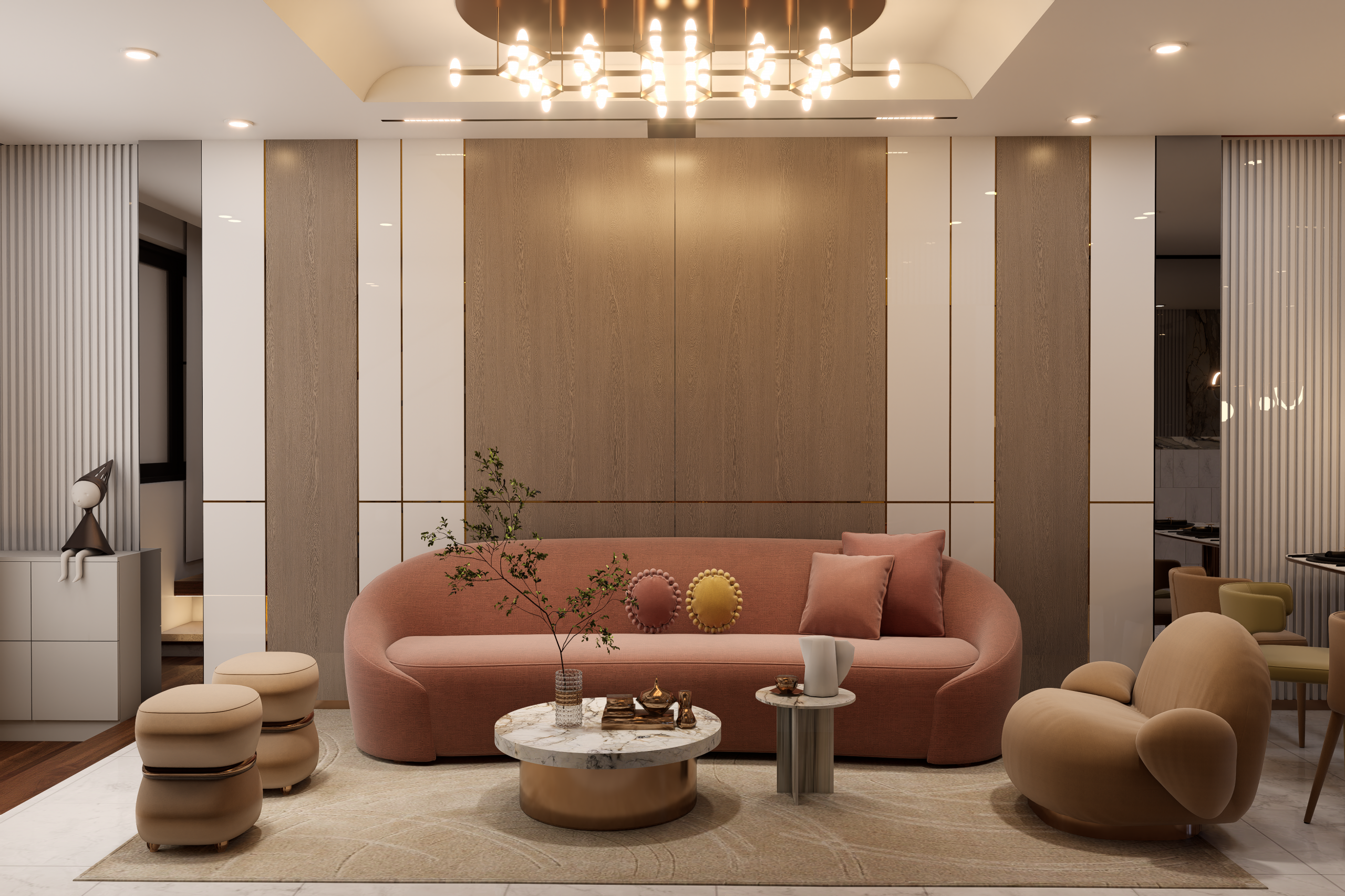 Wood grain decorative laminate with matte finish on wall panels in modern living room interior design setting