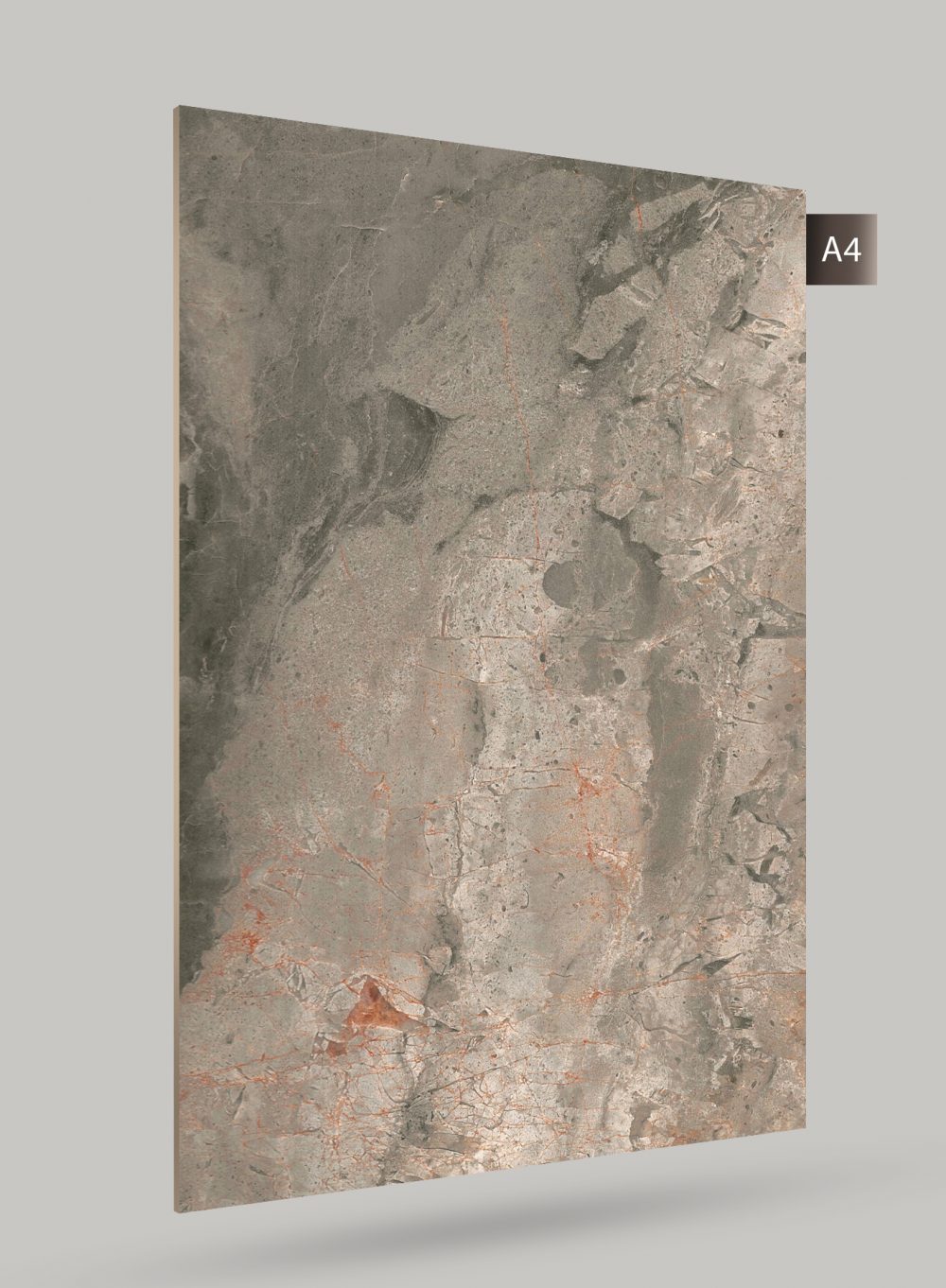 Grey stone laminate with matte finish and textured pattern resembling marble or stone surface with orange veining details.