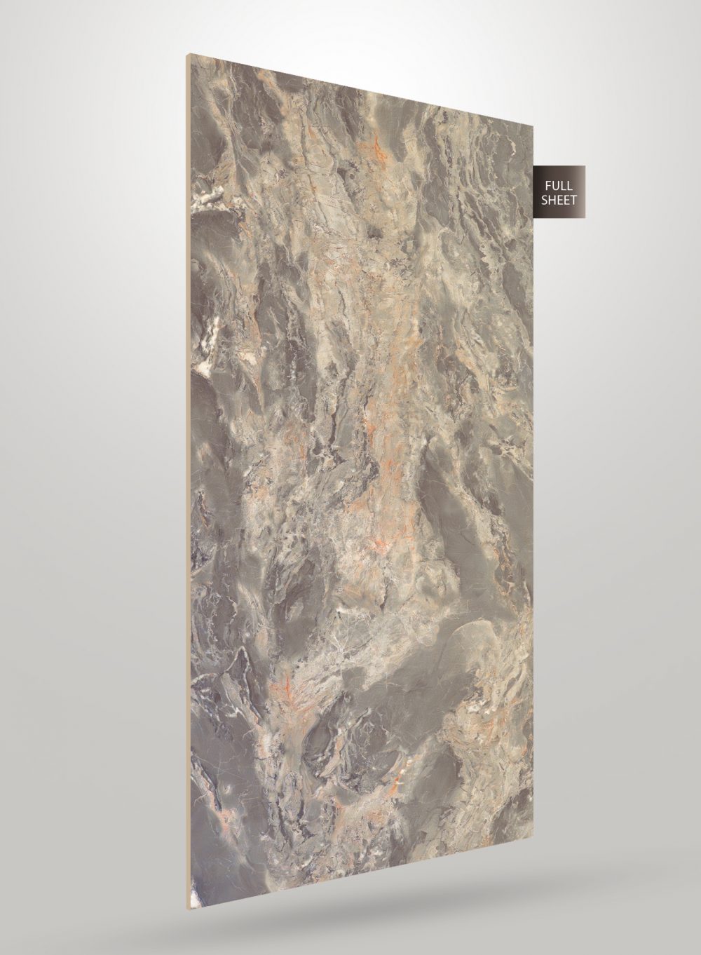 Grey marble laminate sheet with matte finish and textured pattern, displaying full sheet with subtle orange and white