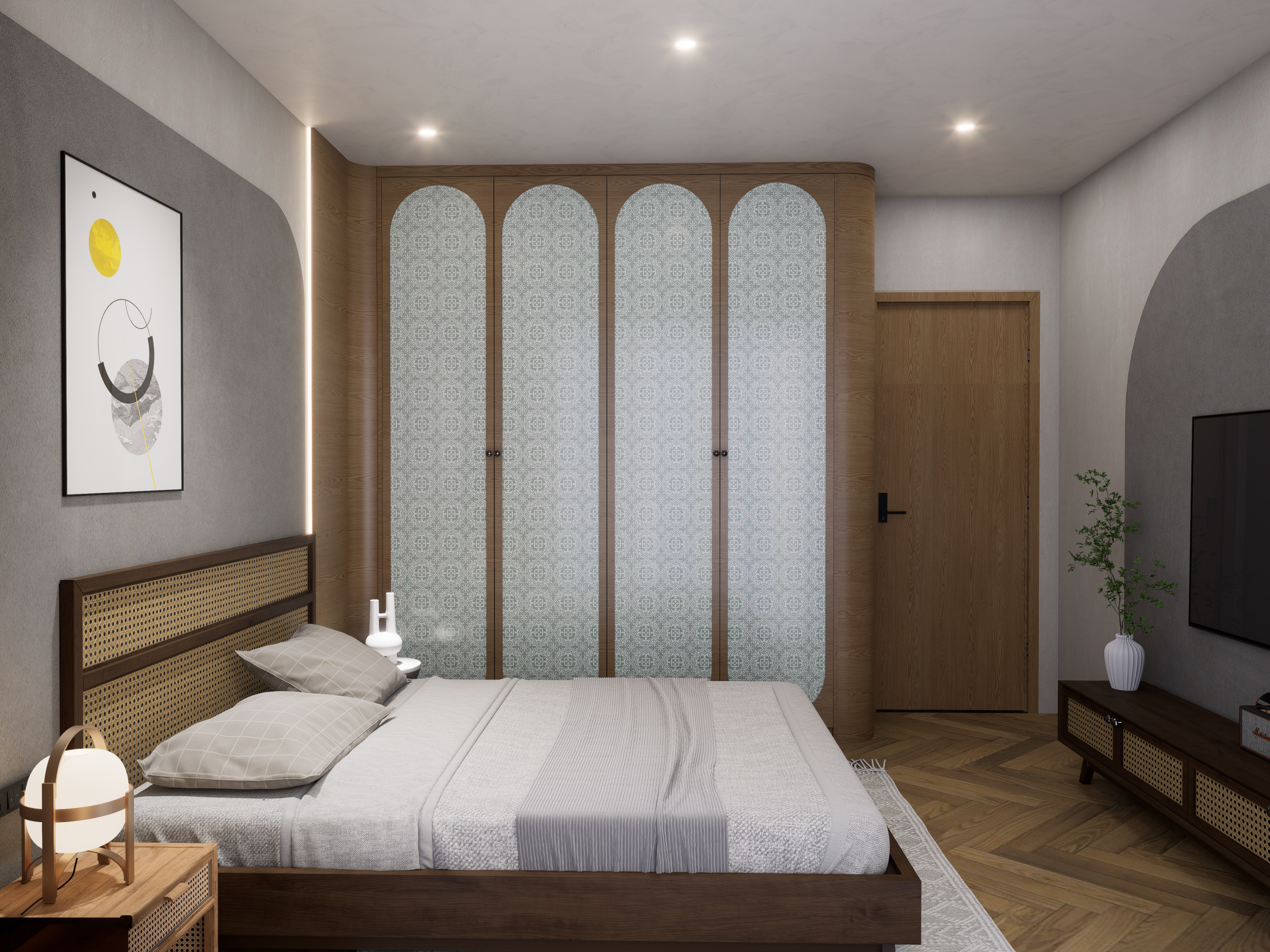 Blue patterned laminate with matte finish on wardrobe doors in modern bedroom interior with wooden furniture and gray decor