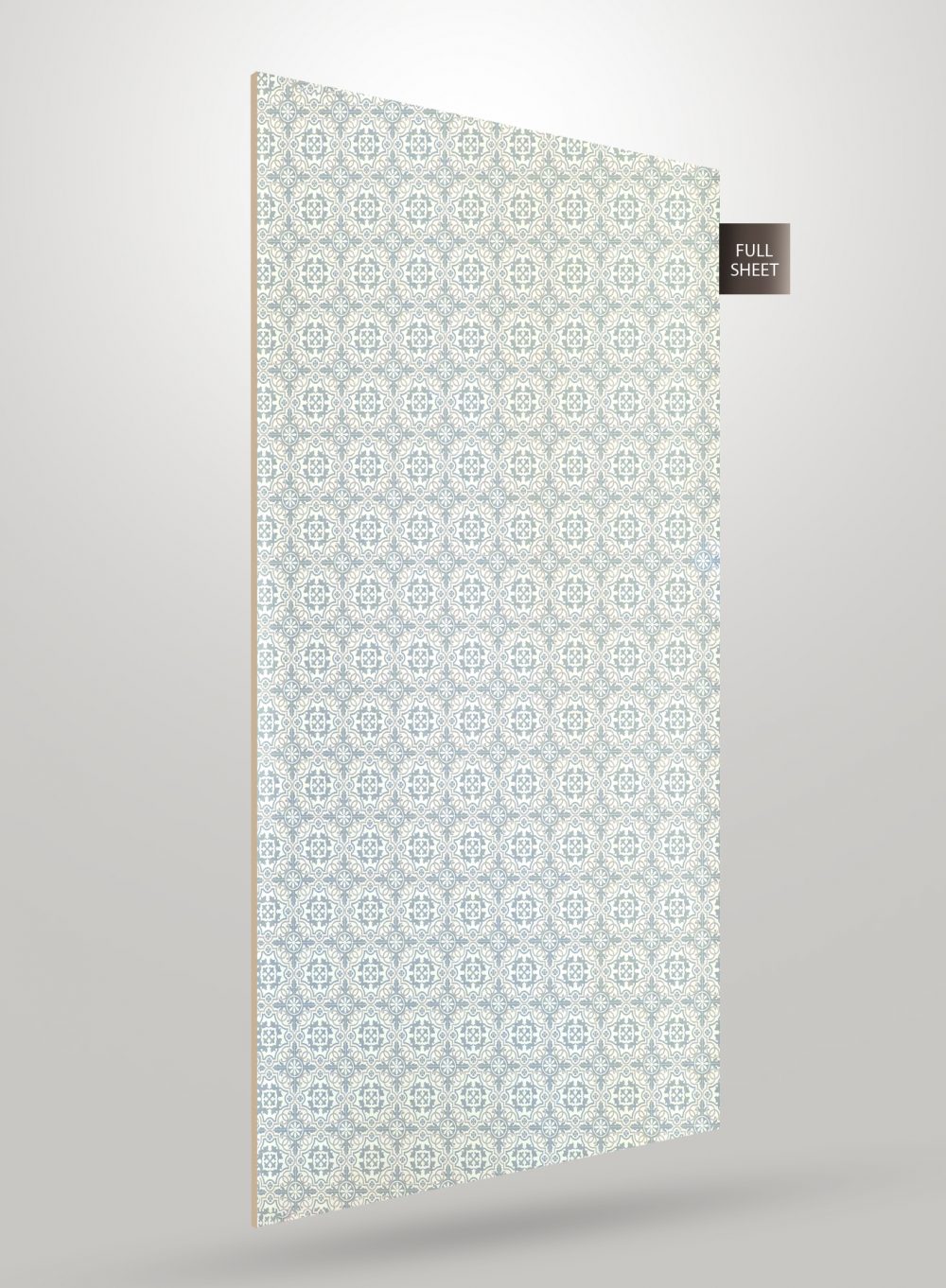 Blue patterned laminate sheet with geometric design and matte finish, labeled full sheet on gray background.